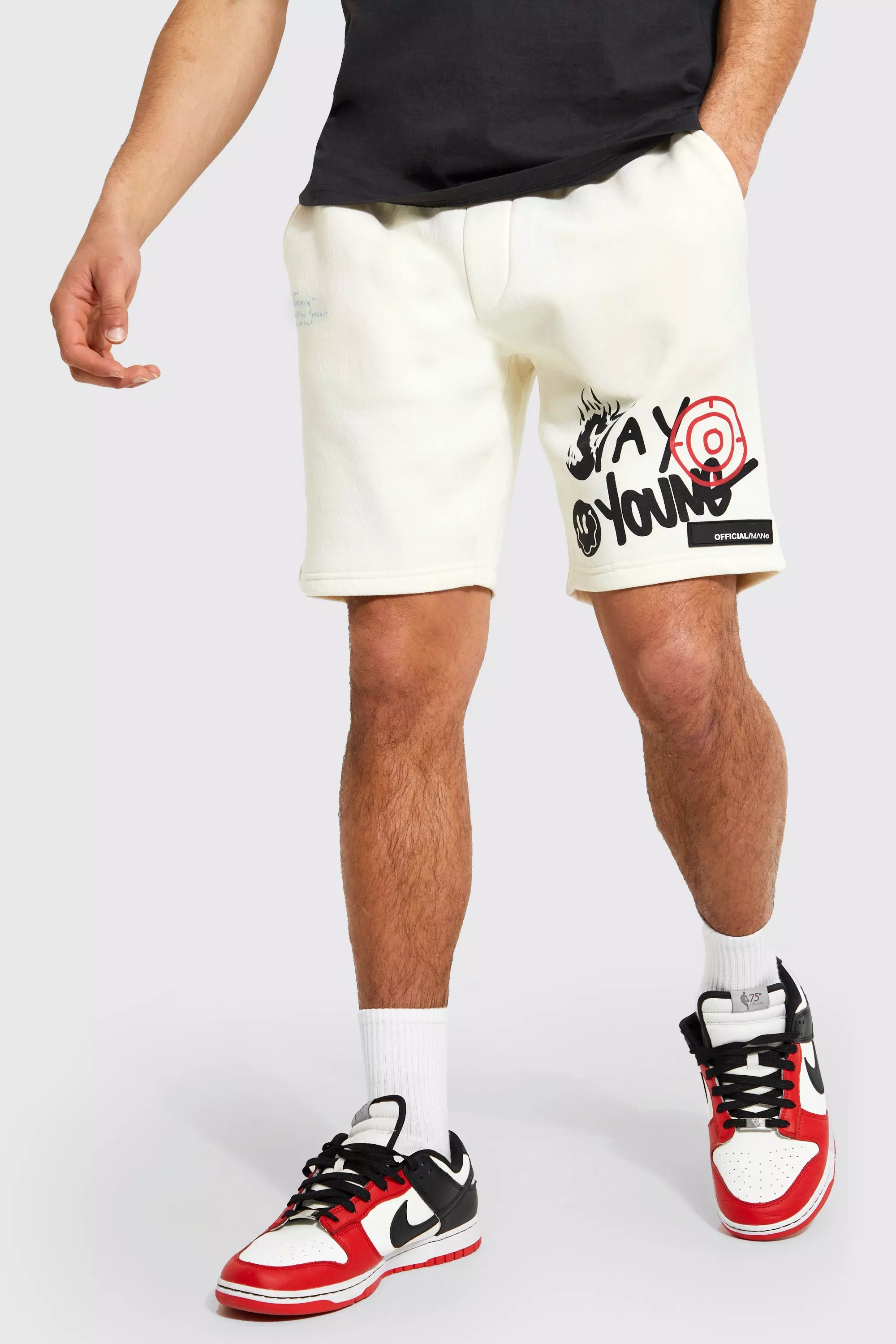 Jersey-Shorts mit Grafitti-Print, Ecru alternatives Bild