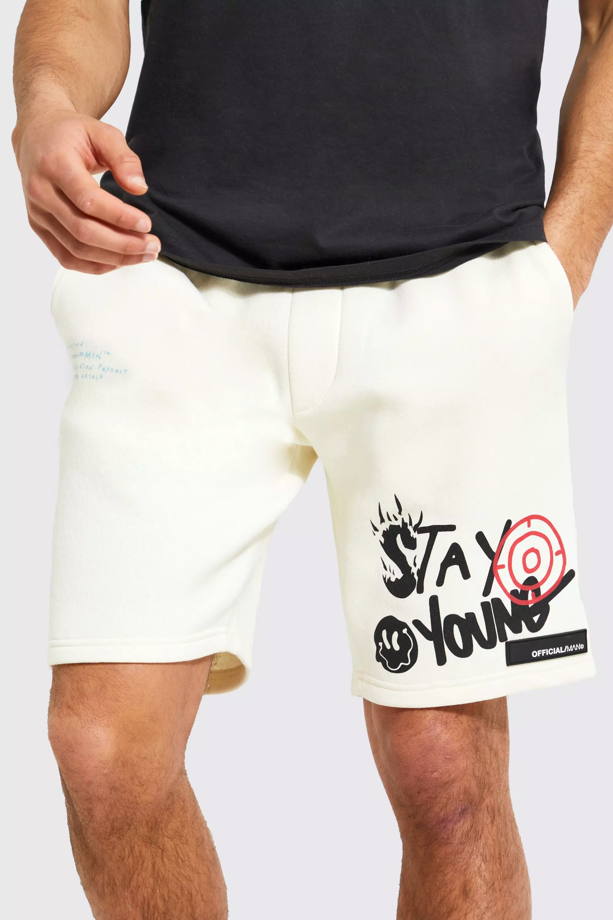 Jersey-Shorts mit Grafitti-Print, Ecru alternatives Bild