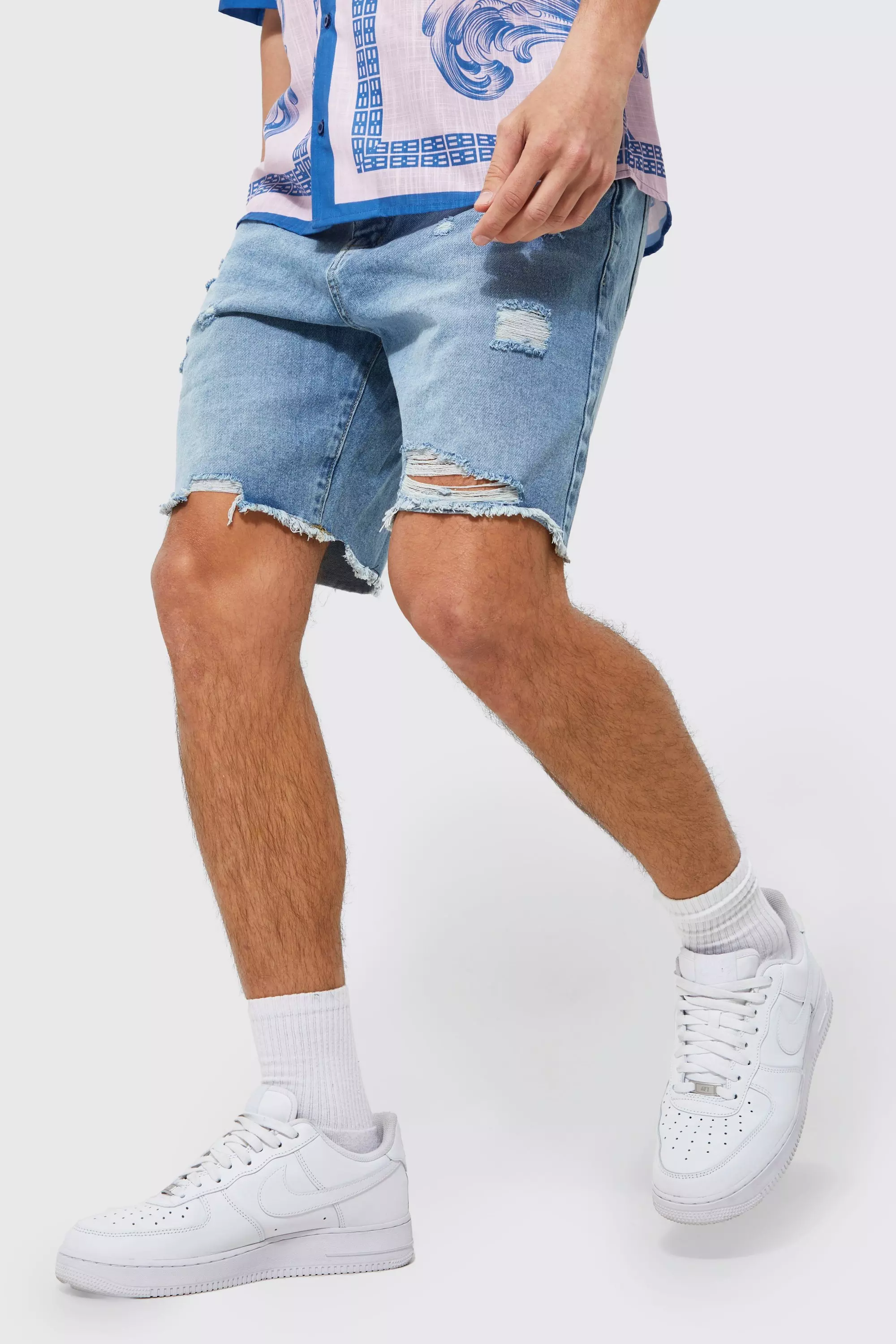 Light Brown Relaxed Fit Rigid Multi Rip Jean Shorts