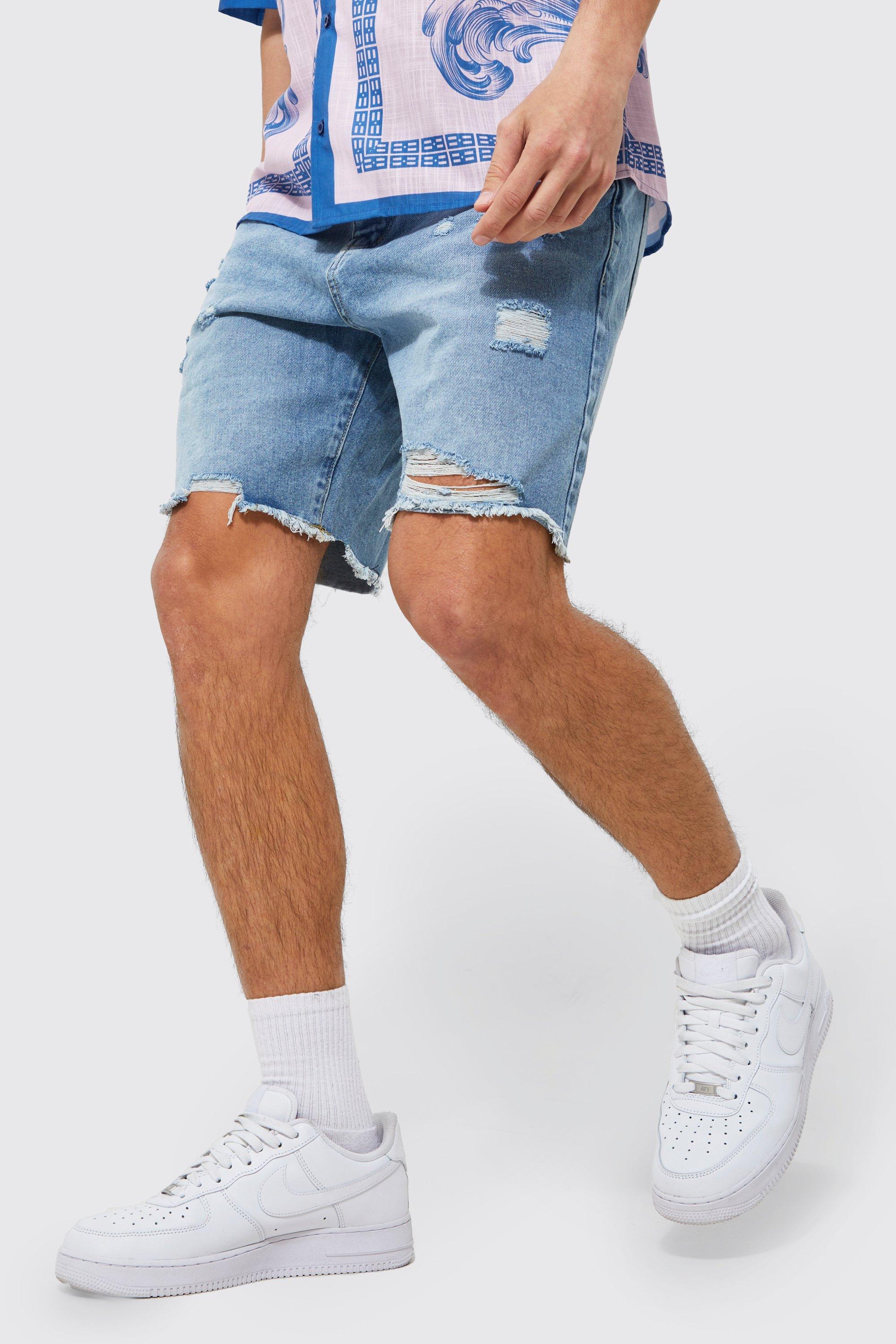 boohooMAN Mens Relaxed Fit Rigid Multi Rip Jean Shorts - Blue
