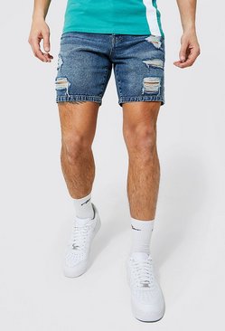 PIQEIR Mens Denim Shorts with Ripped Distressed Slim Fit 