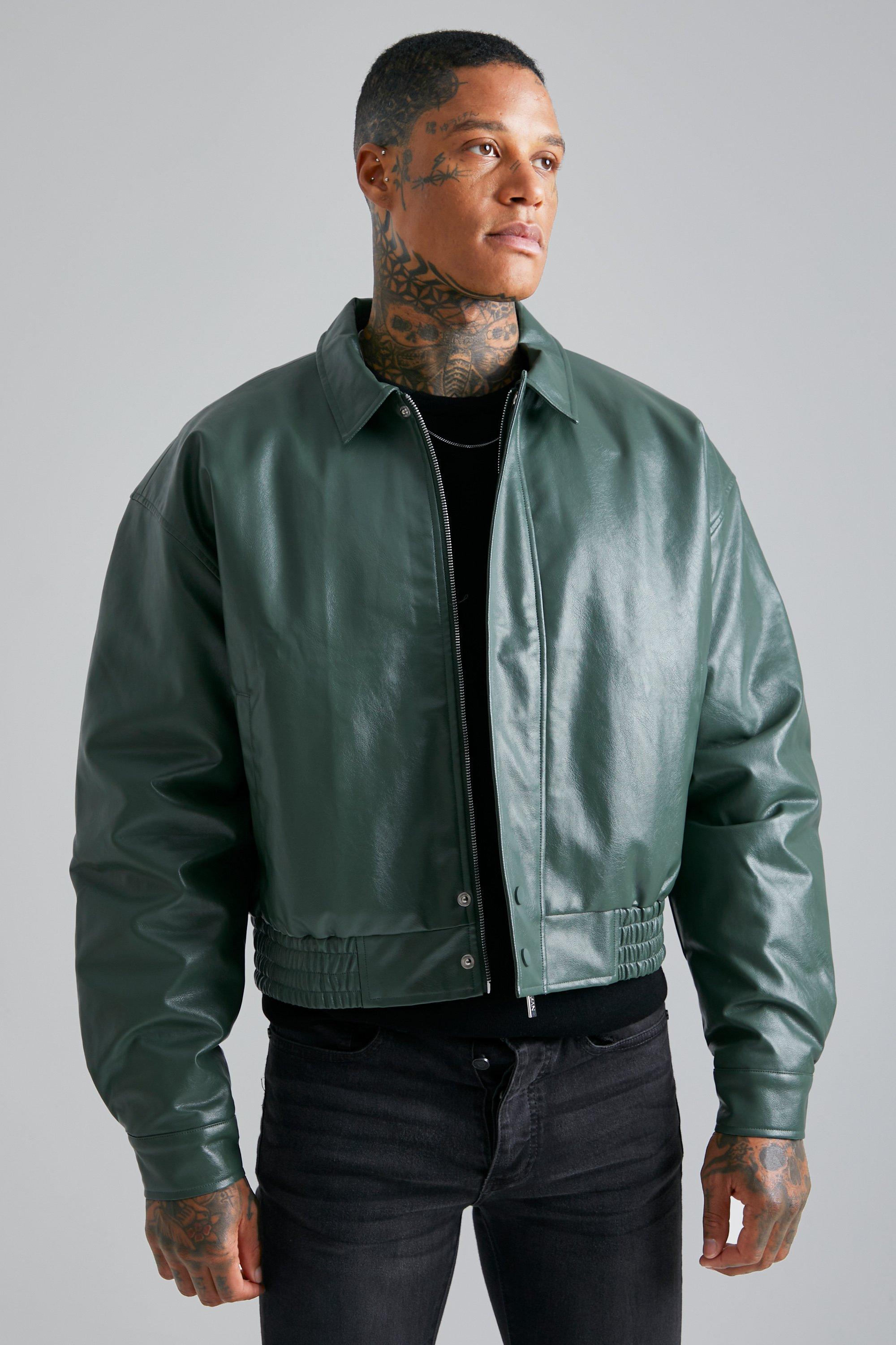 Pu Boxy Bomber With Harrington Collar | boohooMAN USA