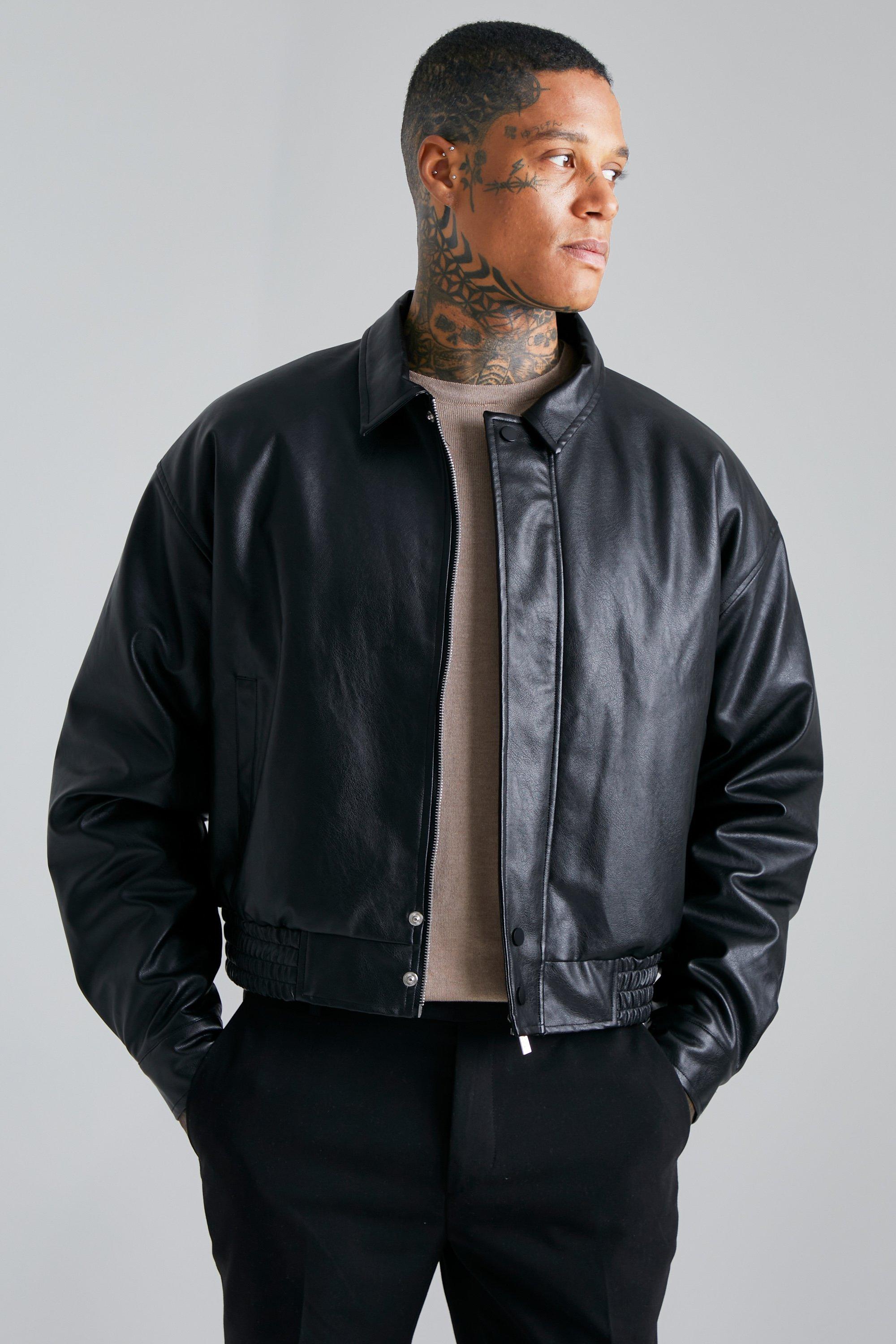 Pu Boxy Bomber With Harrington Collar | boohooMAN USA