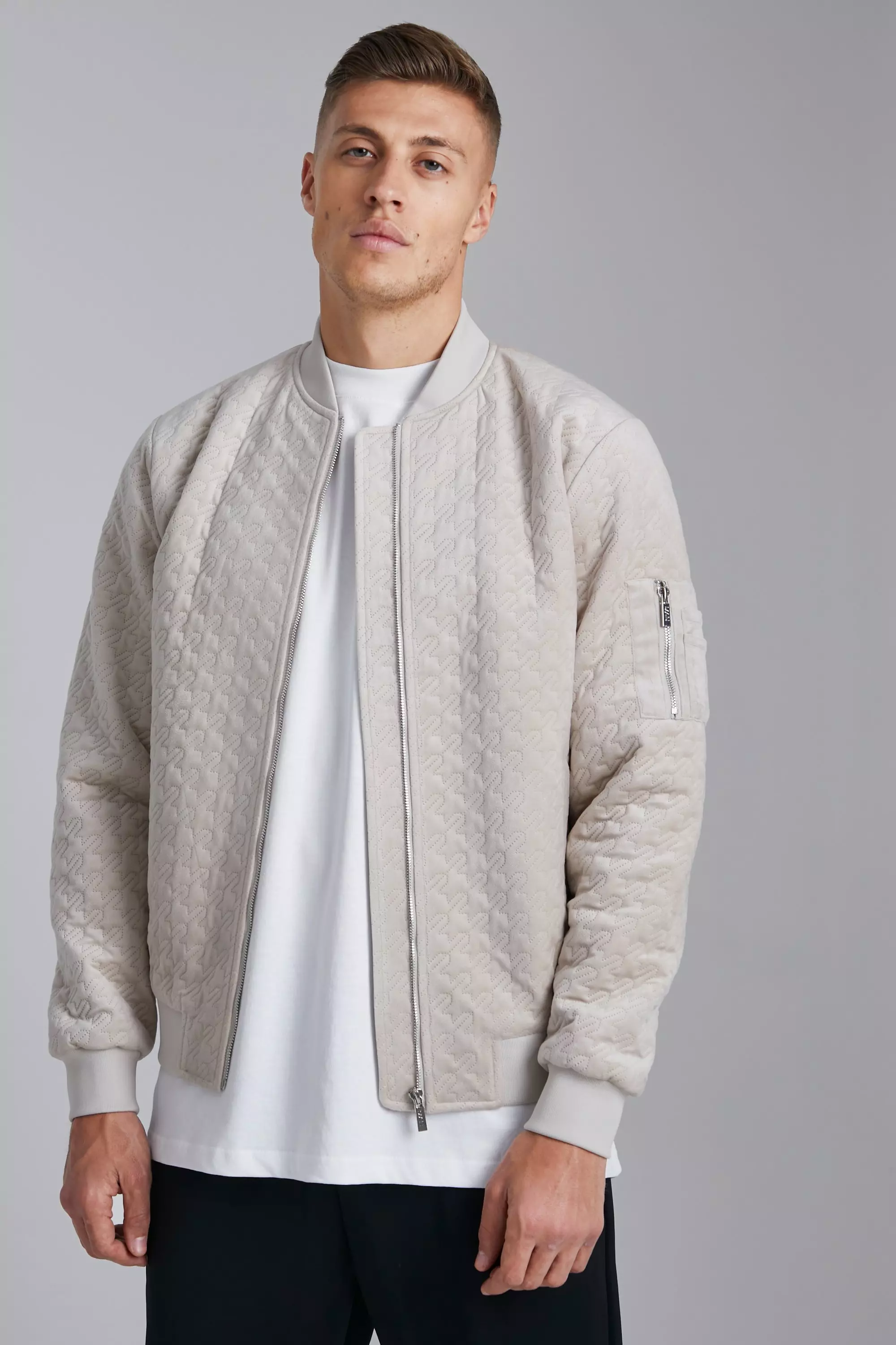 Houndtooth Quilted Velvet Bomber Ecru