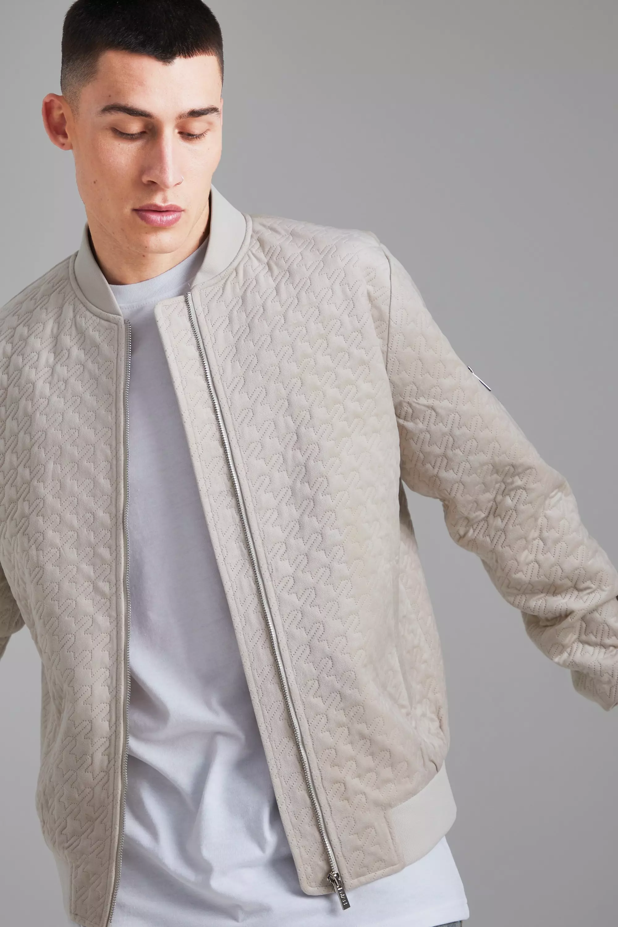 Houndtooth Quilted Velvet Bomber boohooMAN UK