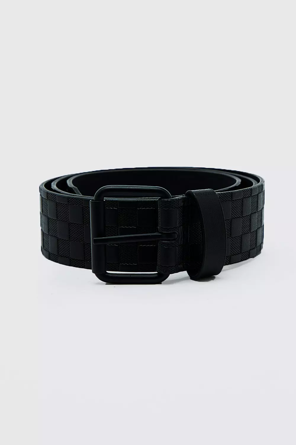 Faux Leather Embossed Checkerboard Belt Black