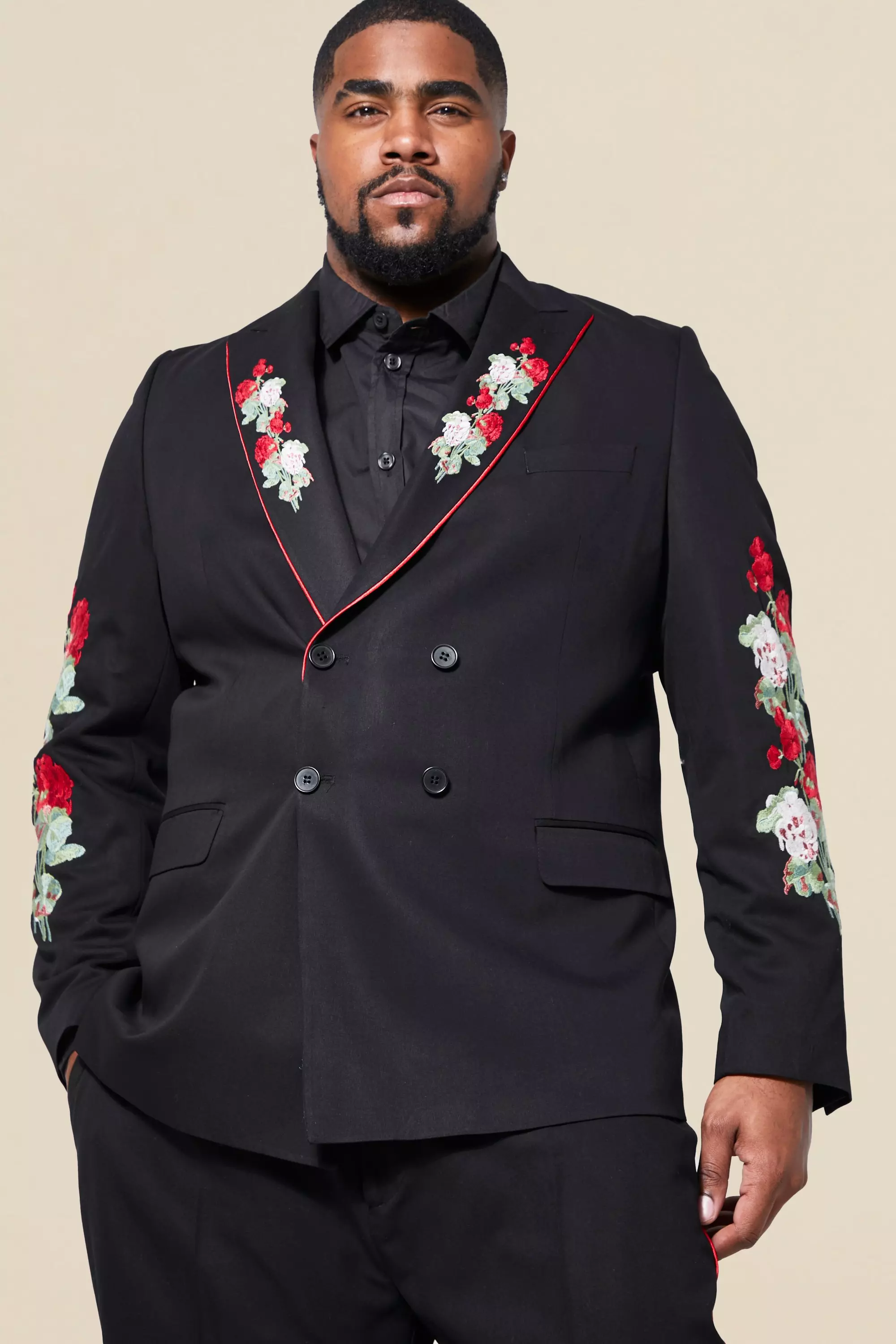 Plus Double Breasted Skinny Floral Suit Jacket boohooMAN