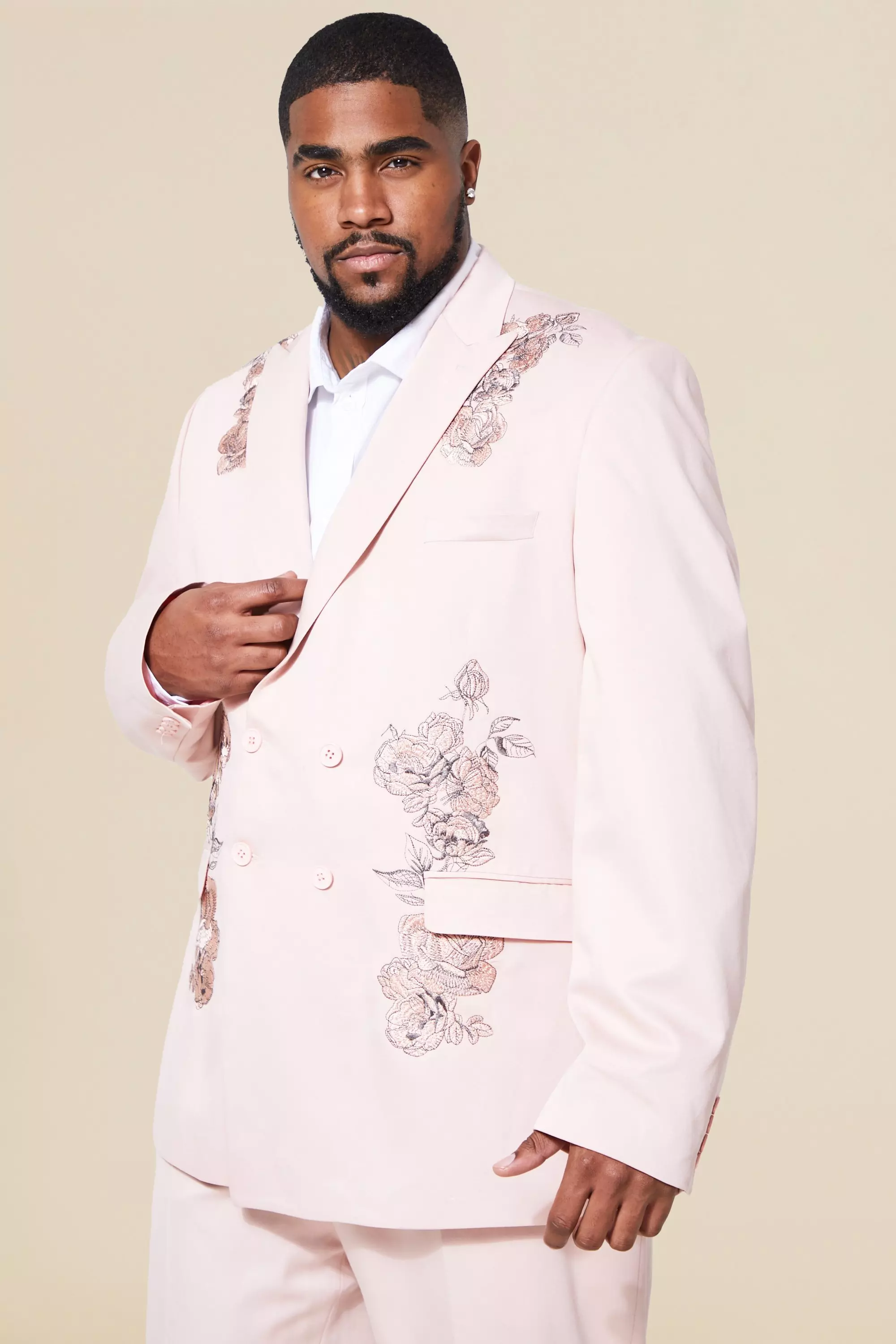 Plus Double Breasted Embroidered Slim Suit Jacket boohooMAN IE