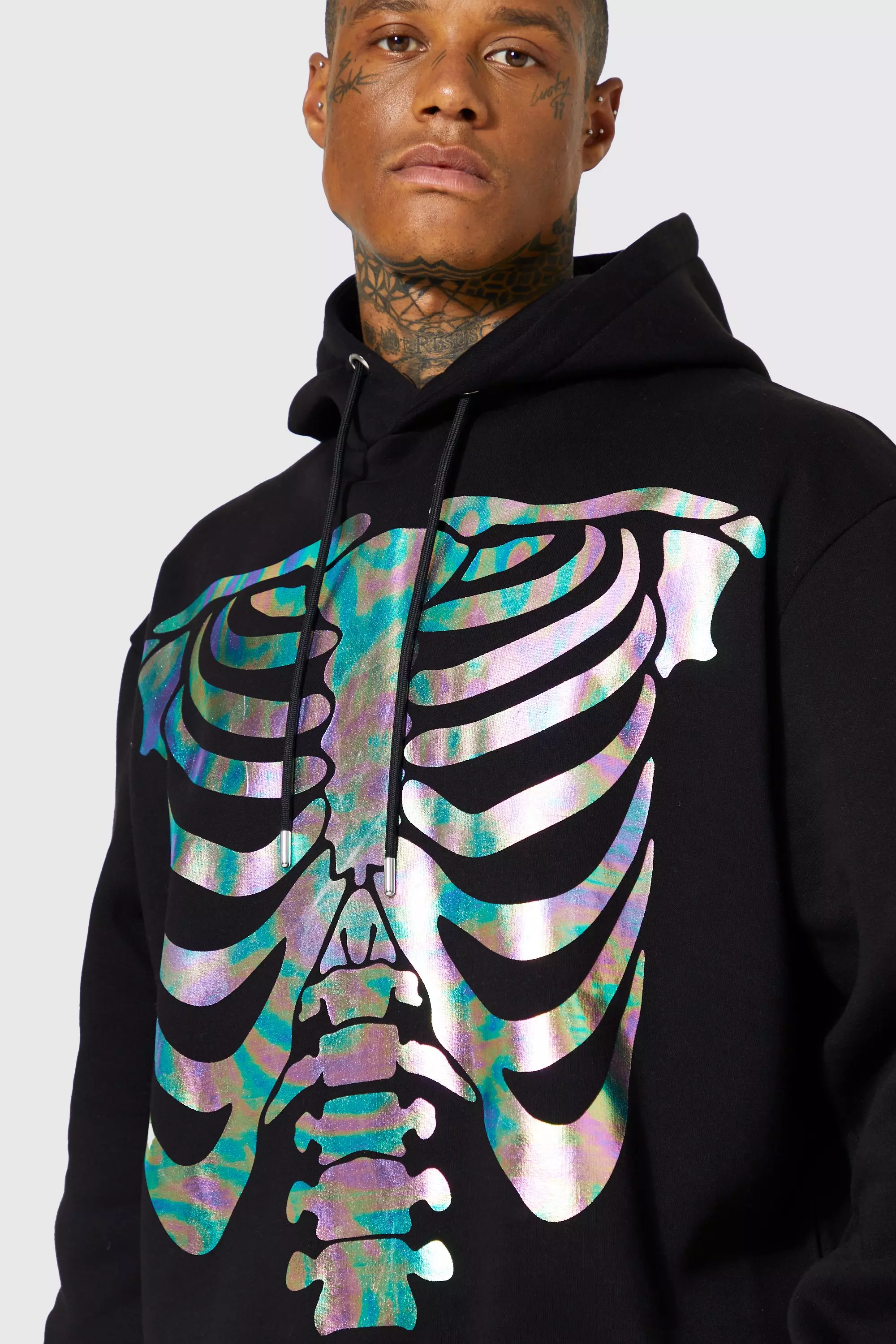 Oversized Iridescent Skeleton Print Hoodie | boohooMAN USA