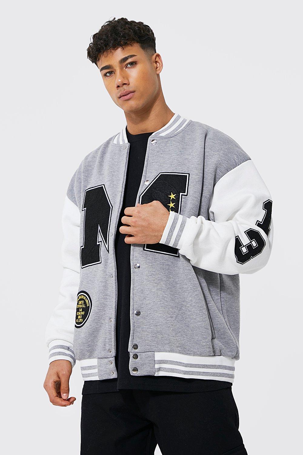 boohooMAN Official Man Varsity Applique Jersey Bomber - Gray - Size XL