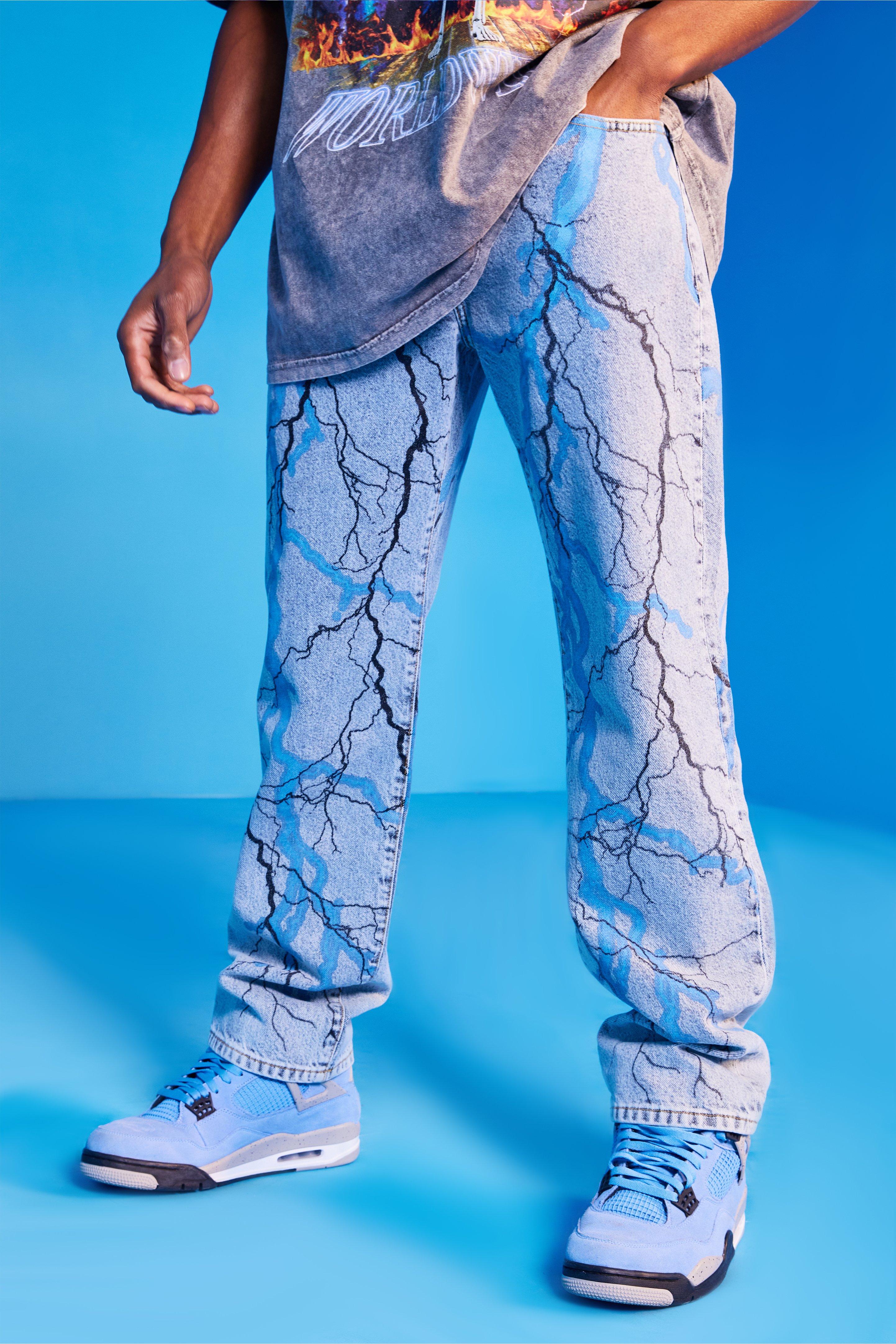 Relaxed Fit Blue Lightning Jeans | boohooMAN UK