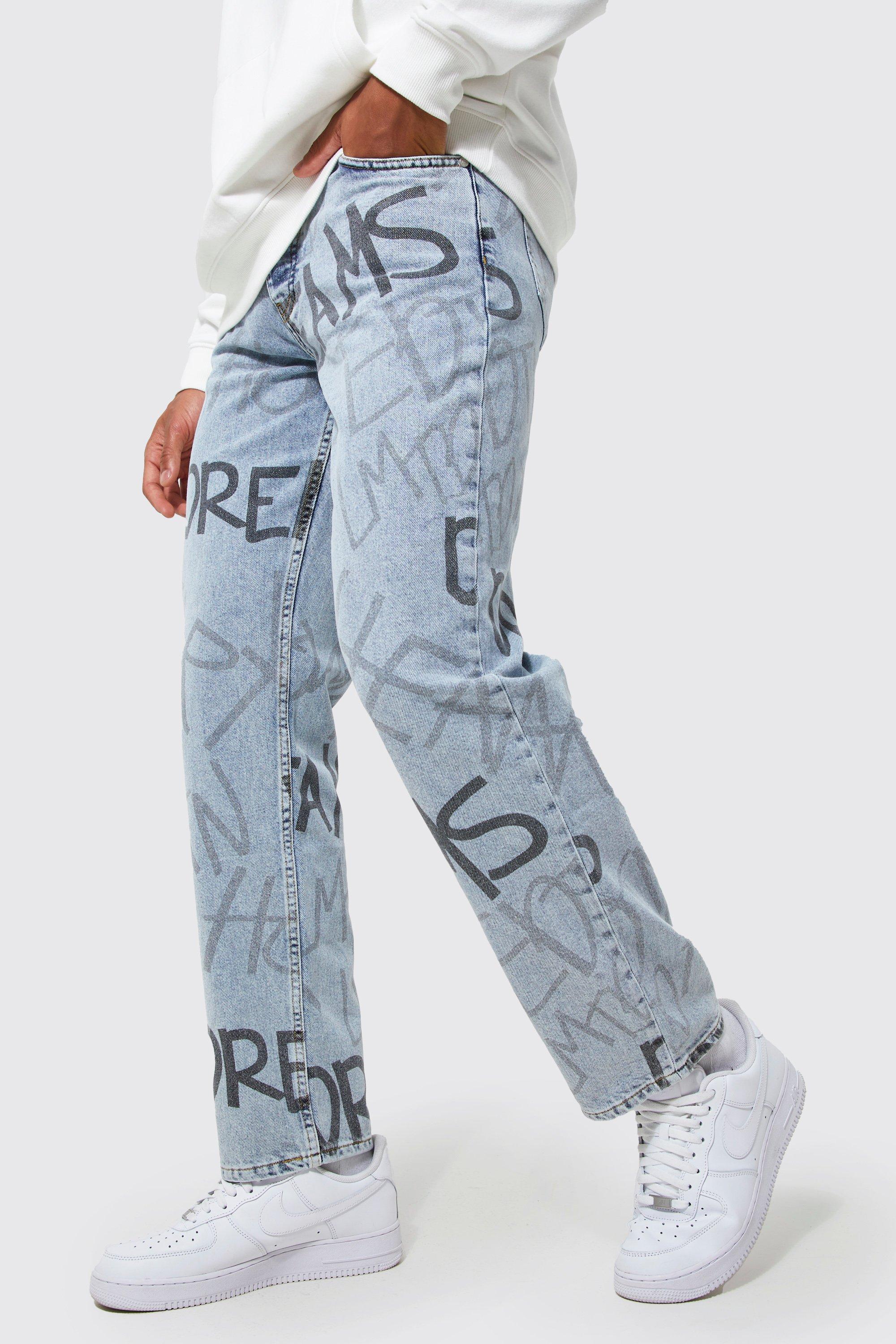 Relaxed Fit Graffiti Print Jeans boohooMAN USA