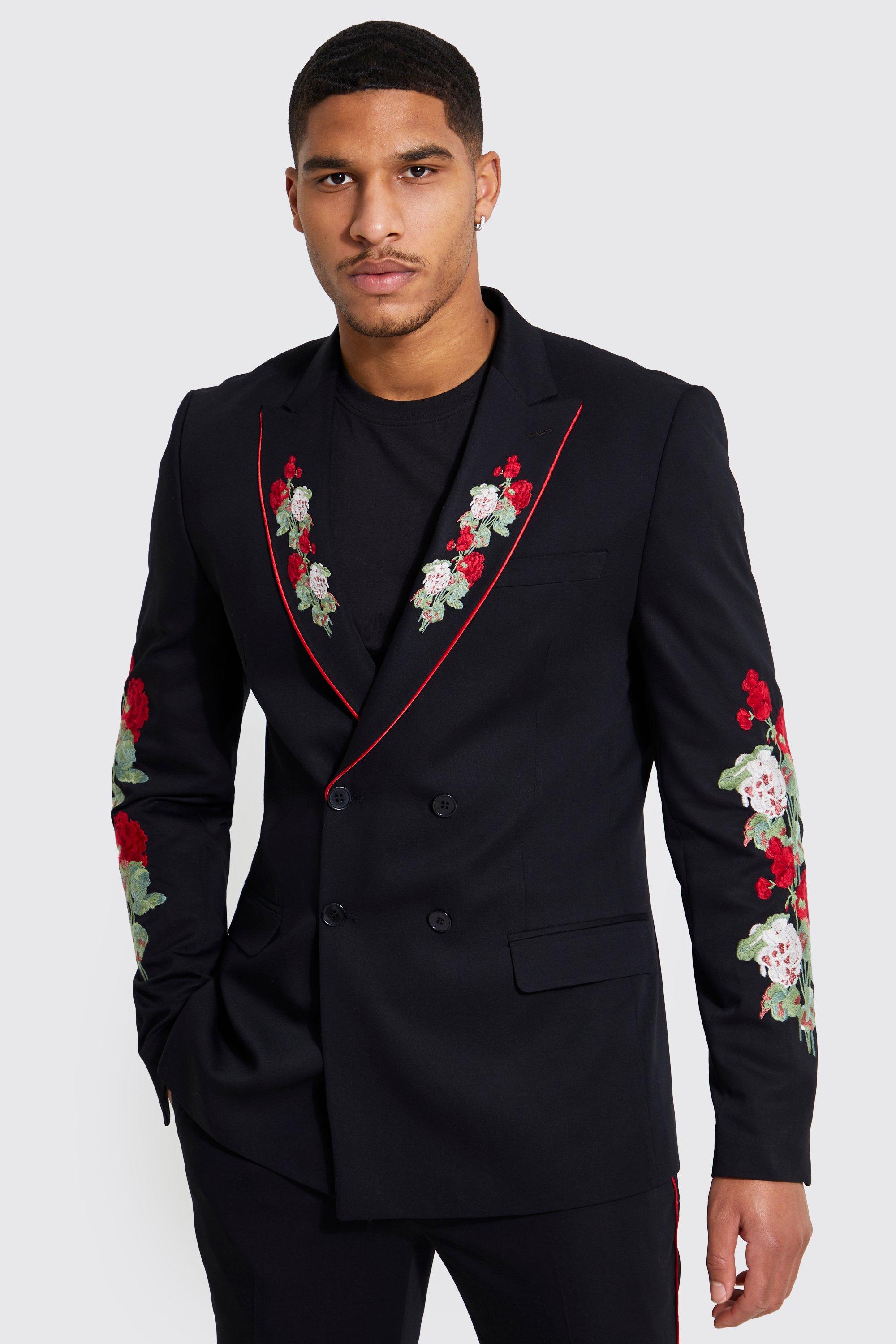 Giacca Smoking Tall A Doppiopetto A Fiori, Black