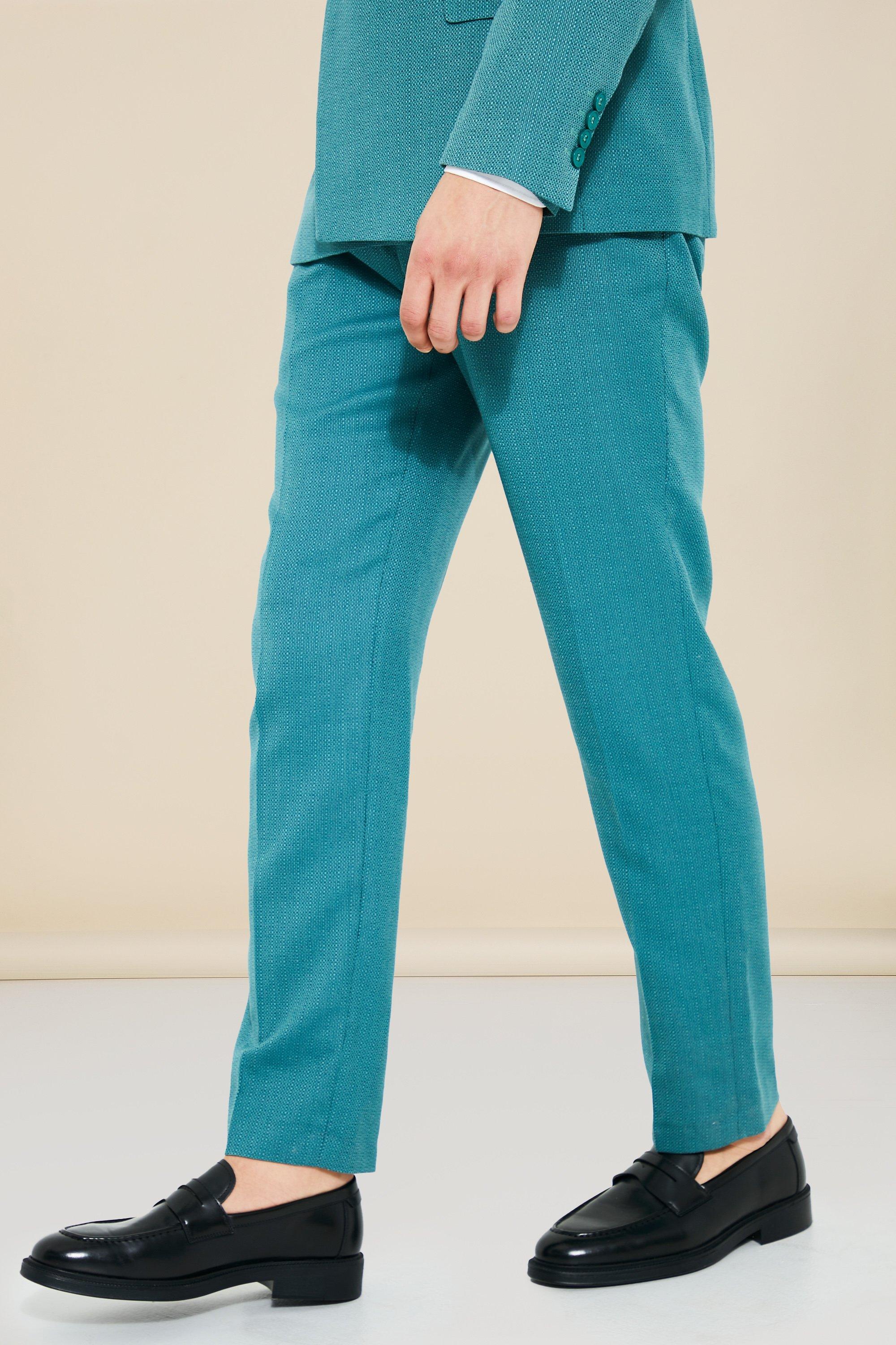 Teal Slim Textured Dress Pants