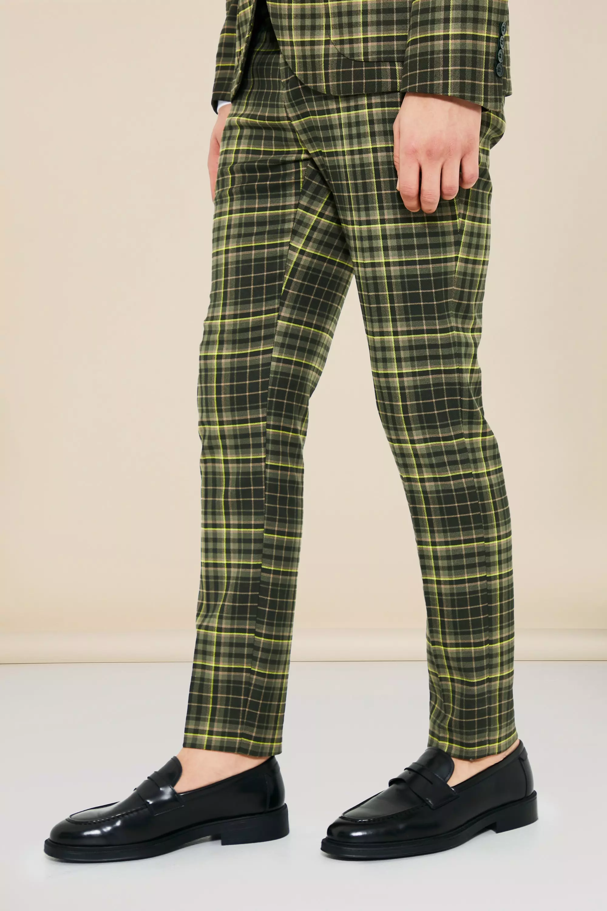 Green checkered store trousers mens