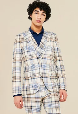 Single Breasted Check Skinny Suit Jacket Beige
