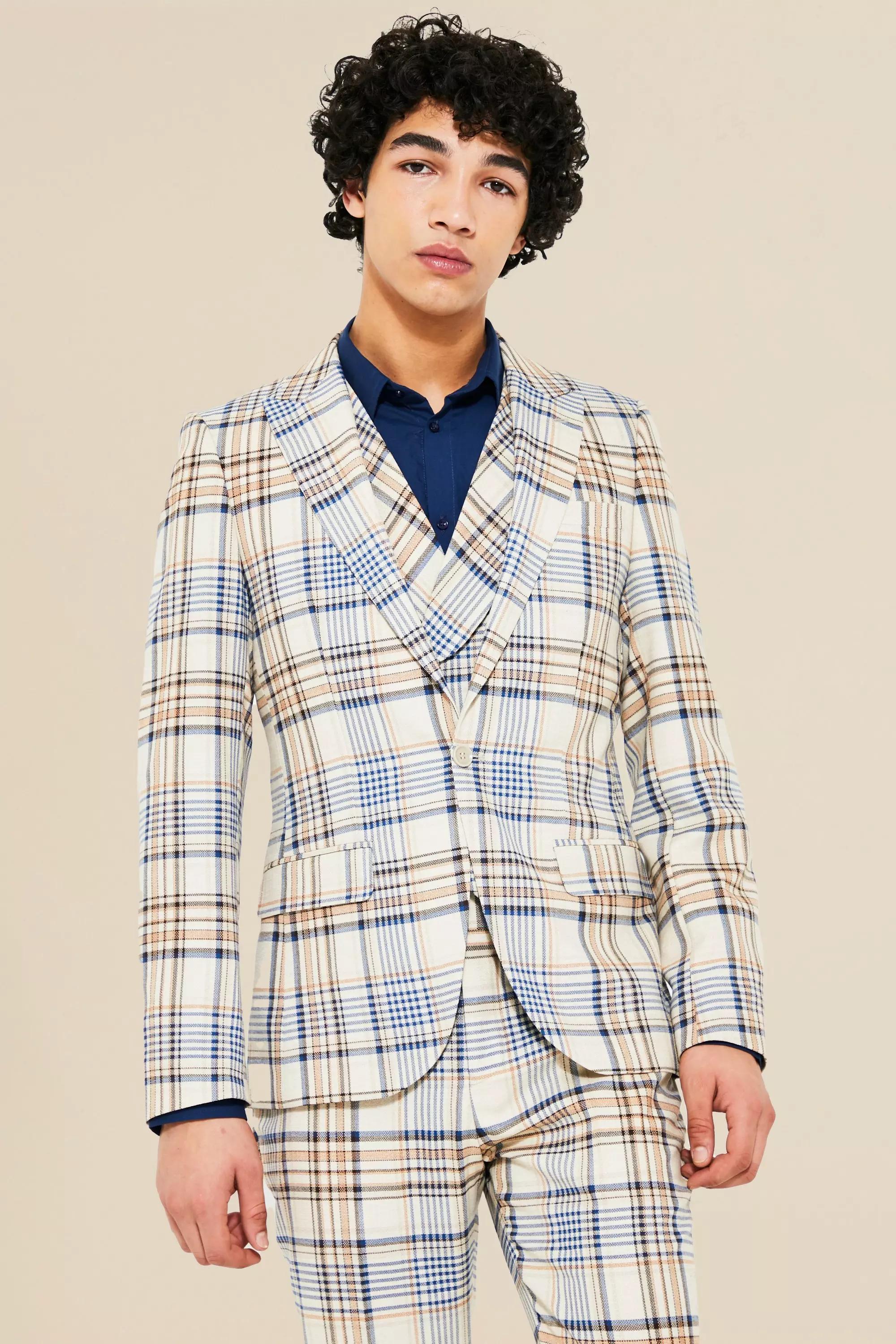 Single Breasted Check Skinny Suit Jacket Beige
