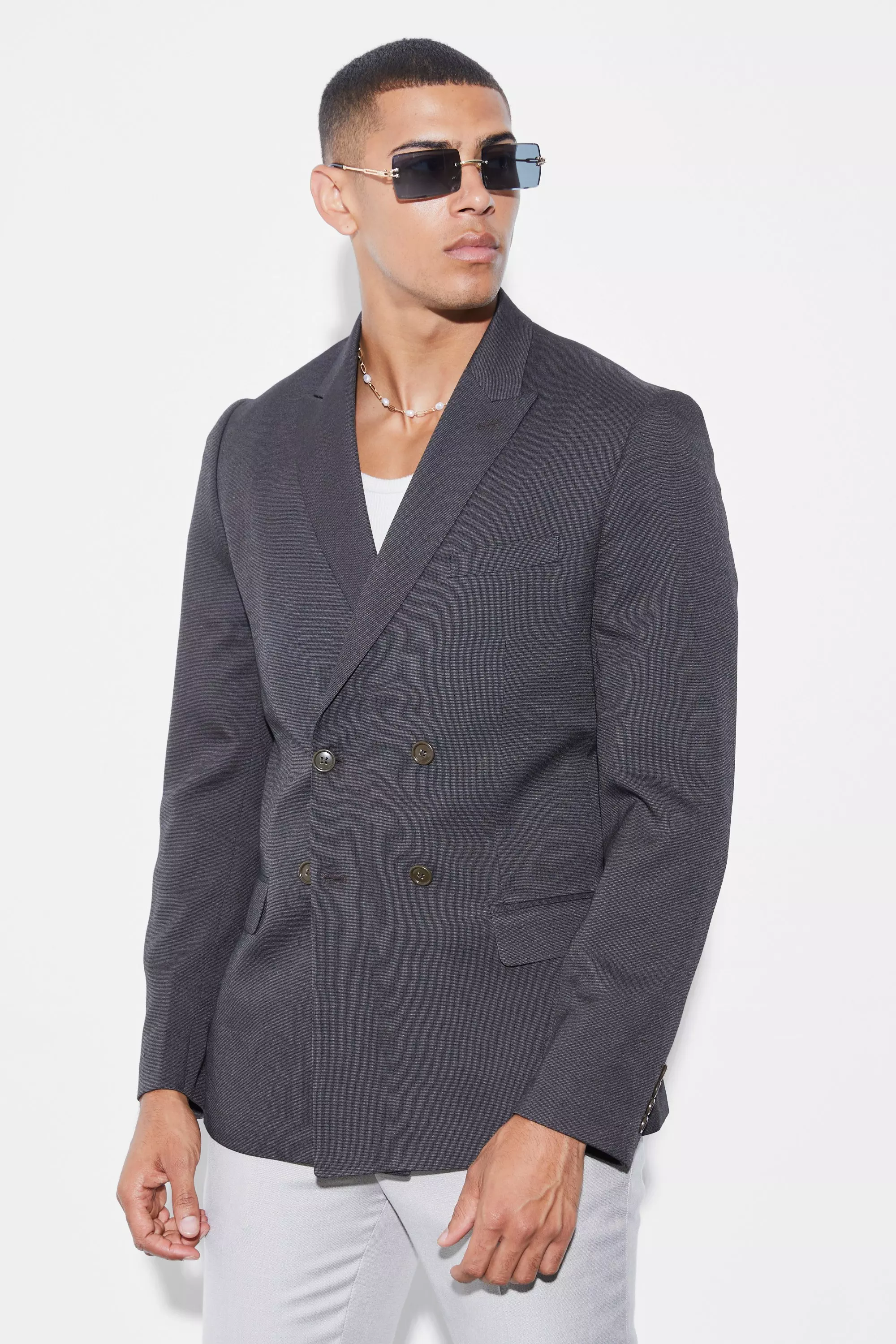 Double Breasted Slim Birdeye Suit Jacket Brown