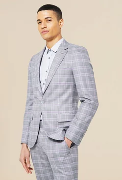 Single Breasted Skinny Check Suit Jacket Grey