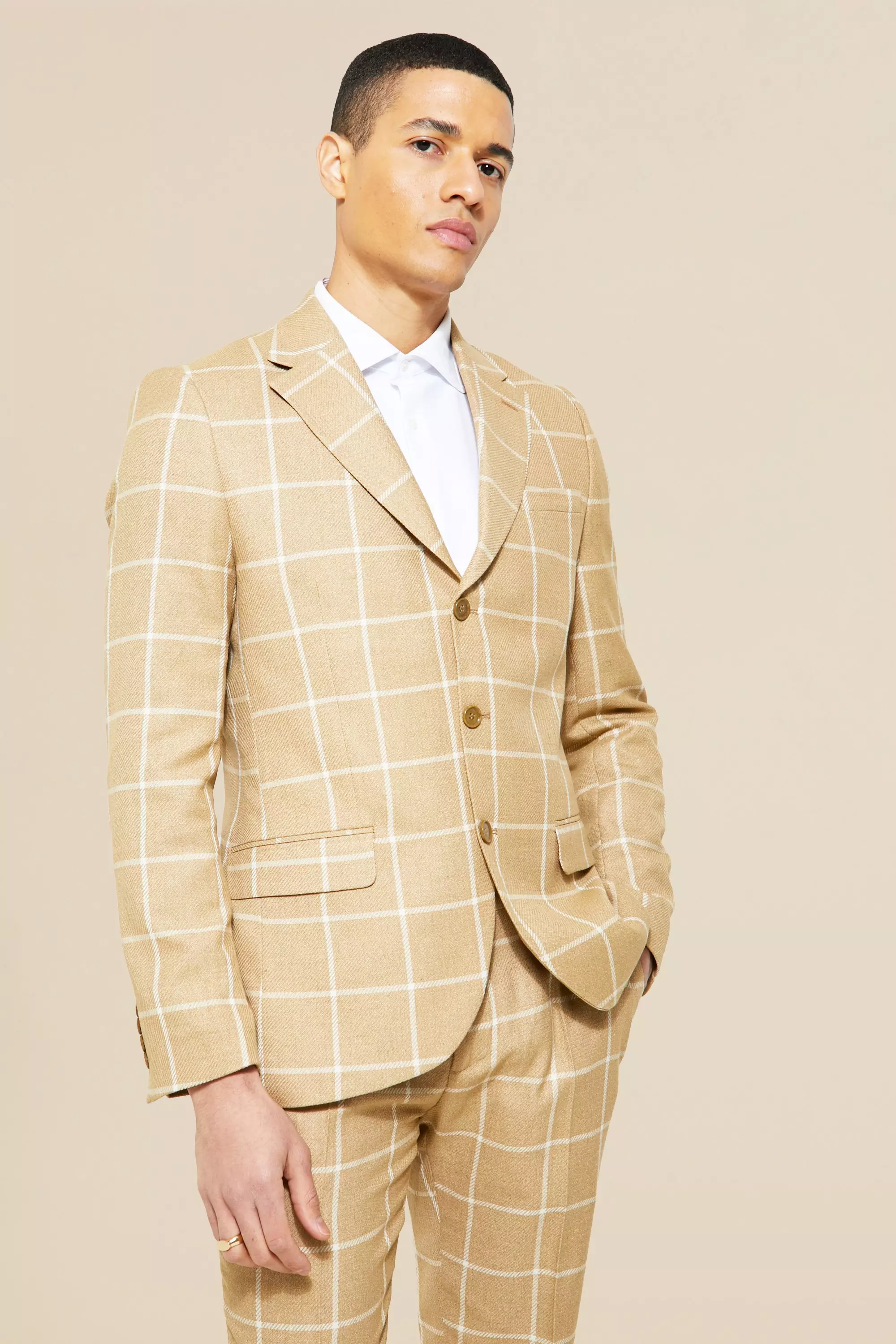 Beige Single Breasted Plaid Slim Suit Jacket