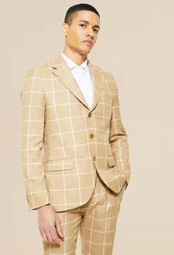 Single Breasted Check Slim Suit Jacket Beige