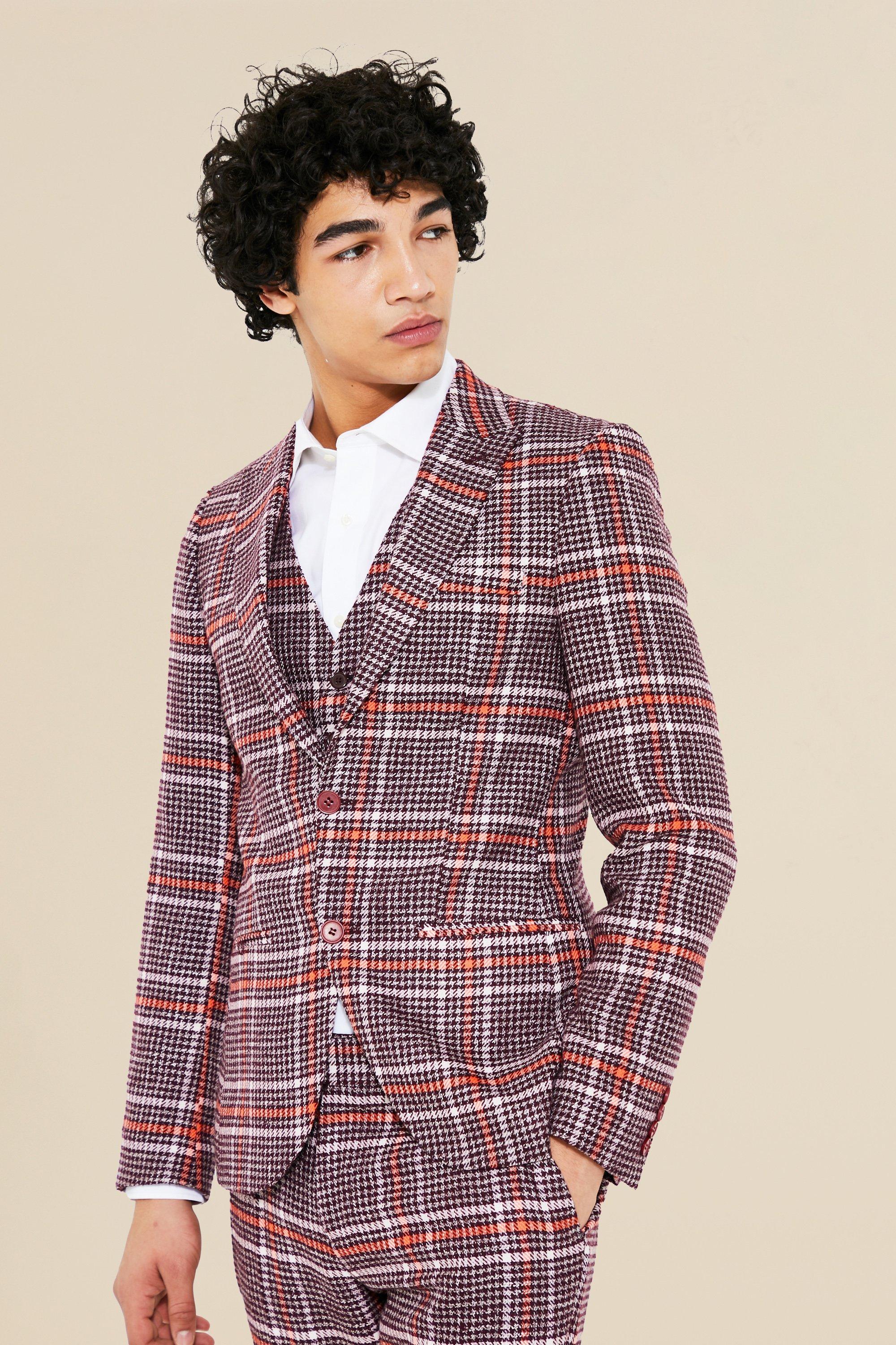 Purple Single Breasted Skinny Check Suit Jacket