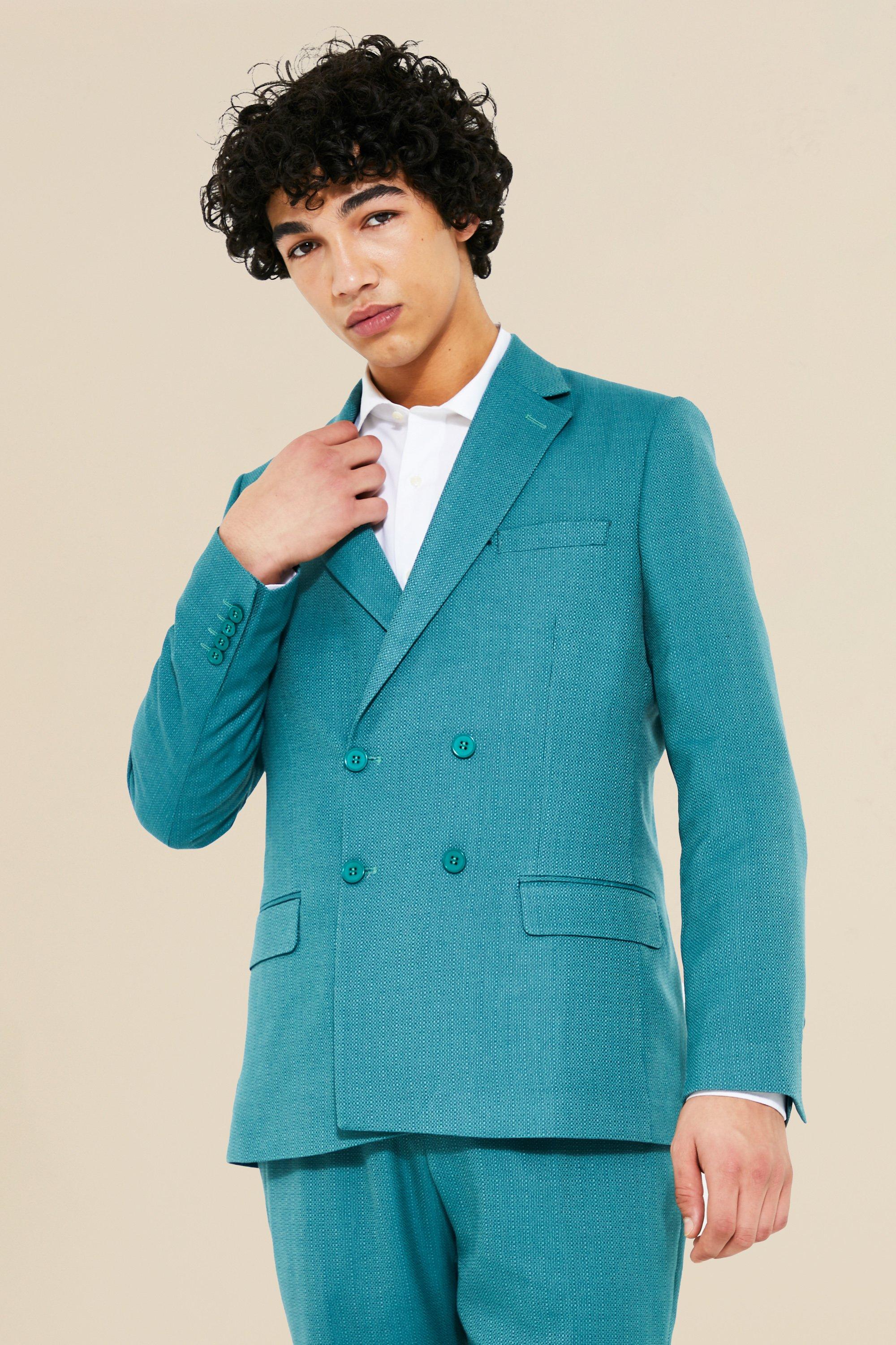 Giacca Completo A Doppiopetto Slim Fit Con Trama In Rilievo, Teal