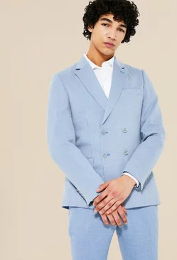 Double Breasted Skinny Textured Suit Jacket Light blue