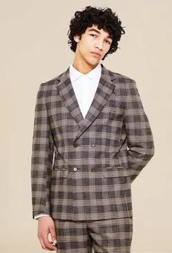 Double Breasted Slim Check Suit Jacket Brown