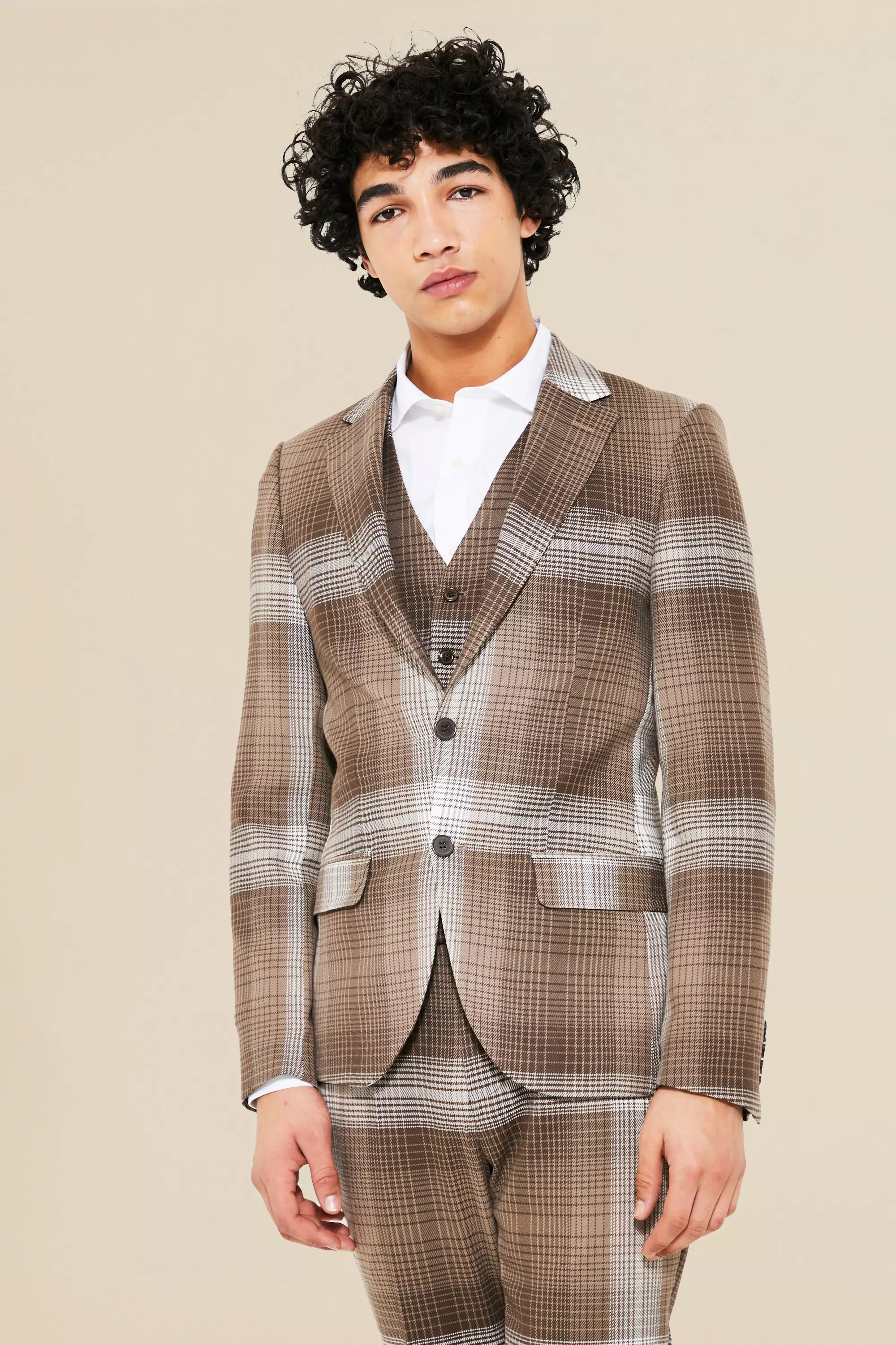 Single Breasted Skinny Check Suit Jacket Brown