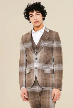 Brown Single Breasted Skinny Check Suit Jacket