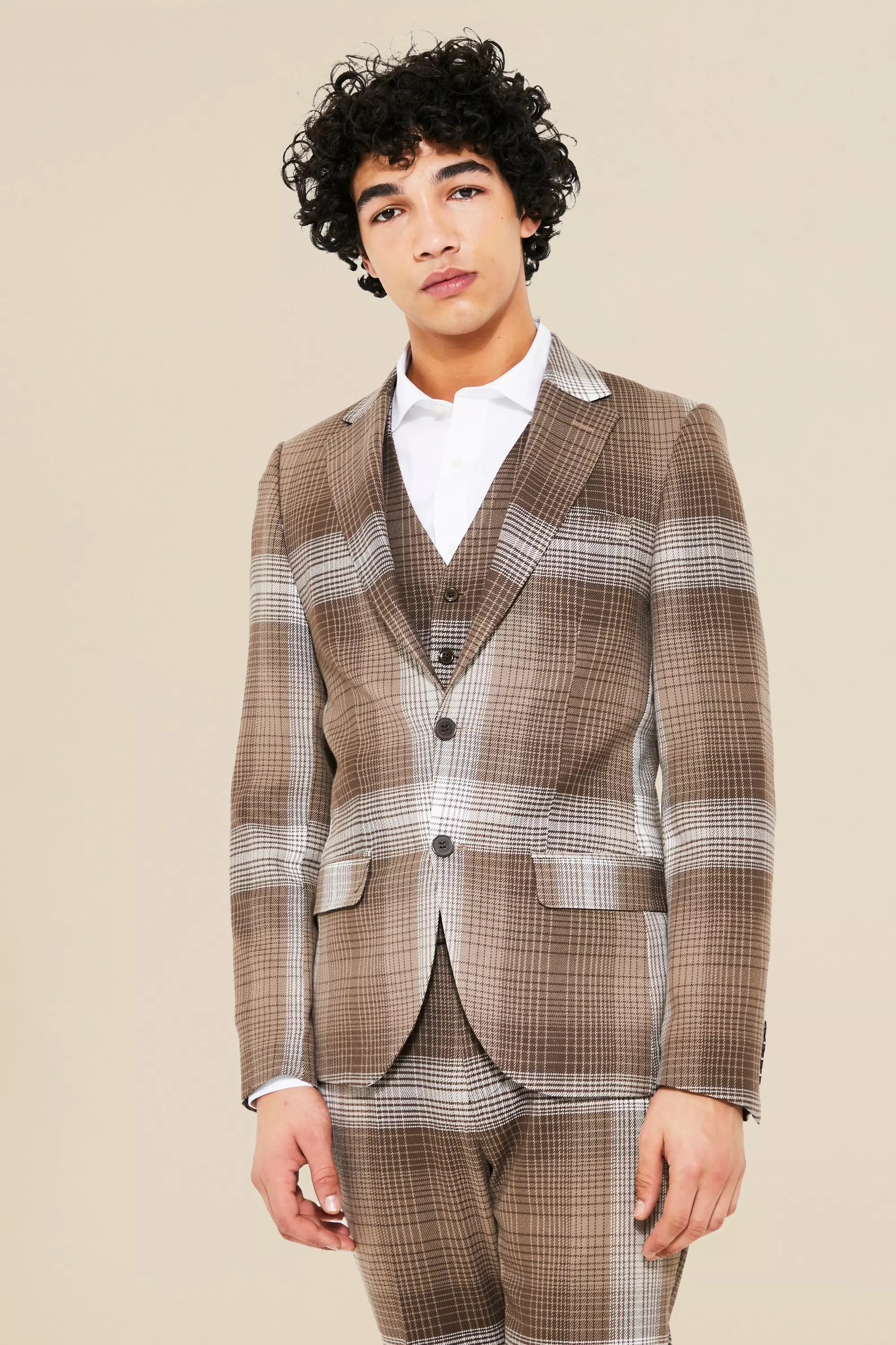 Brown Single Breasted Skinny Check Suit Jacket