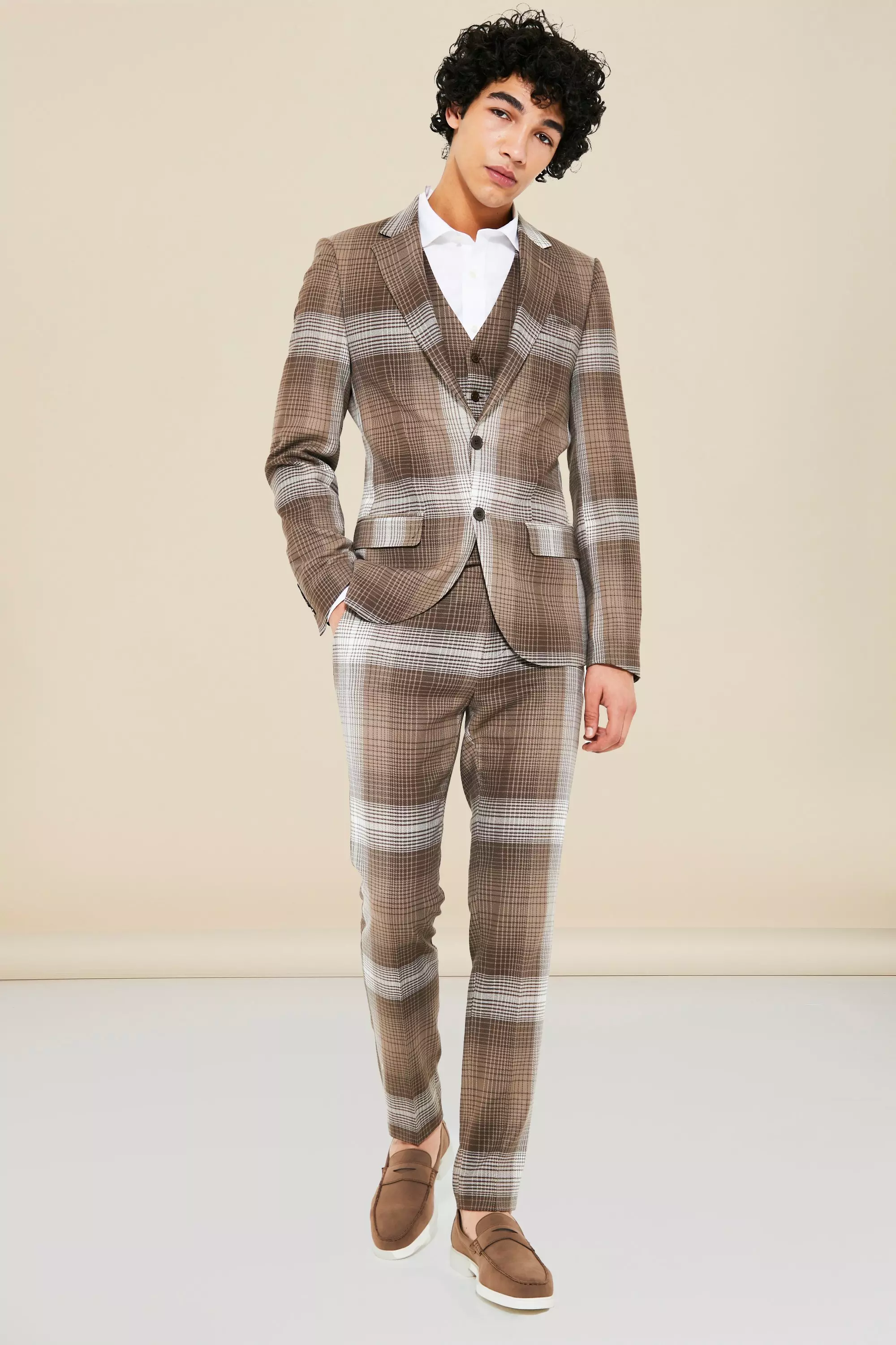 Brown Single Breasted Skinny Plaid Suit Jacket alternative image