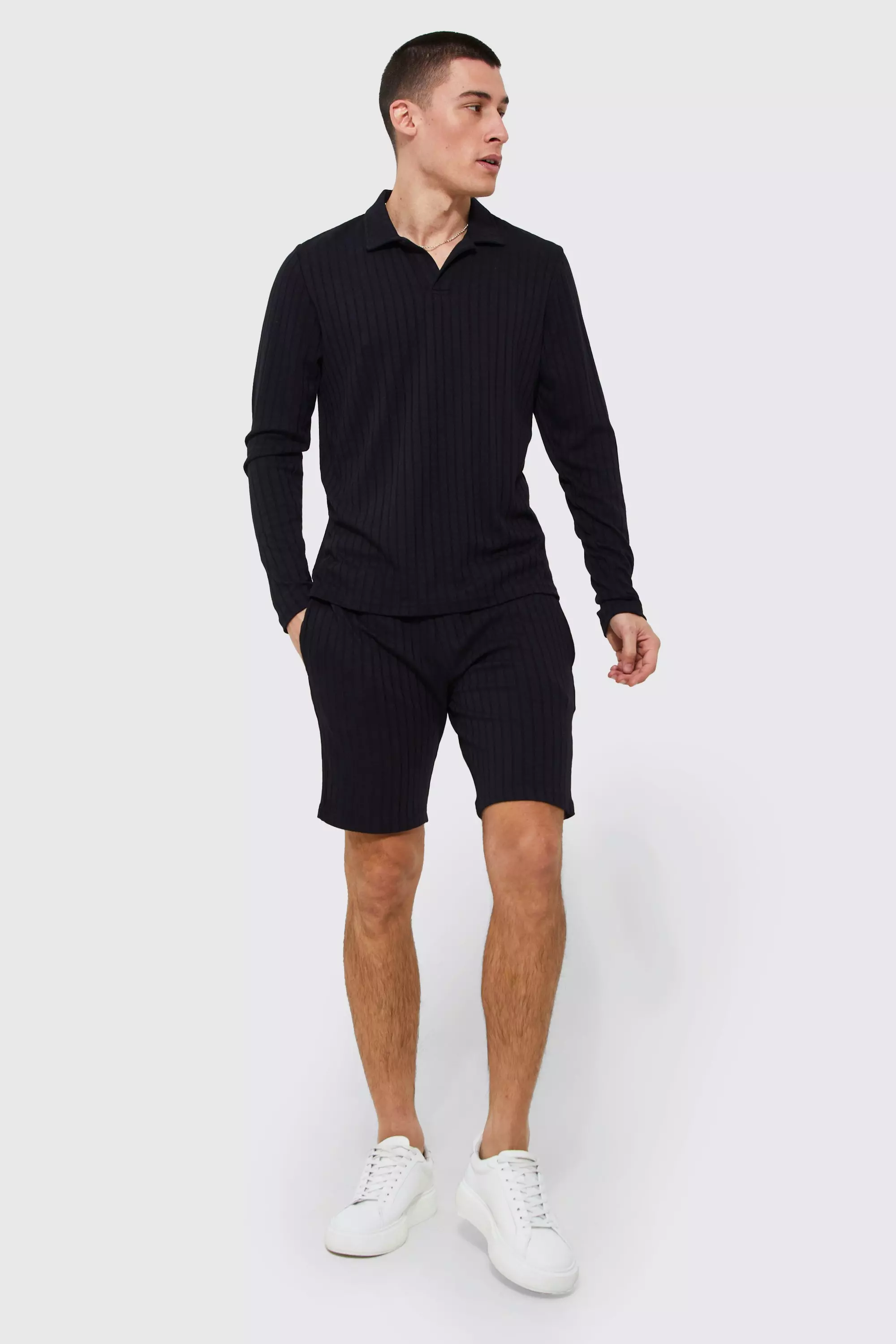 Long Sleeve Ribbed V Neck Polo Shorts Set boohooMAN USA