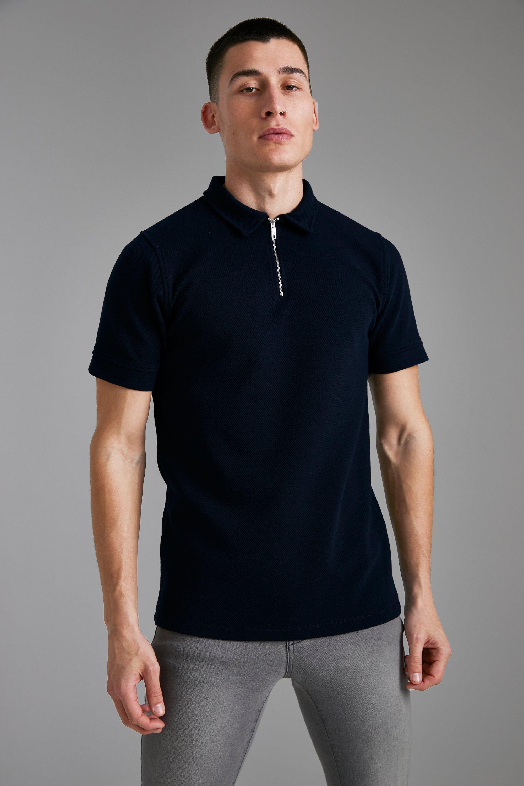 Smart Slim Fit Textured Zip Polo | boohooMAN USA