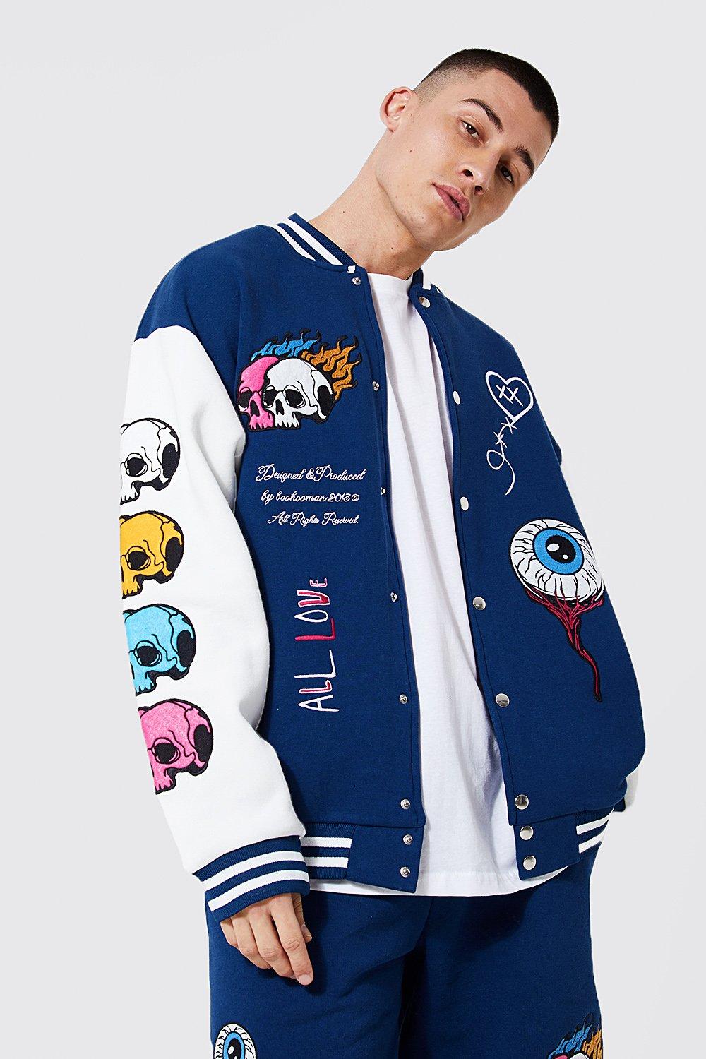 Jersey Varsity Bomber Jacket With Skull Badge | boohooMAN USA