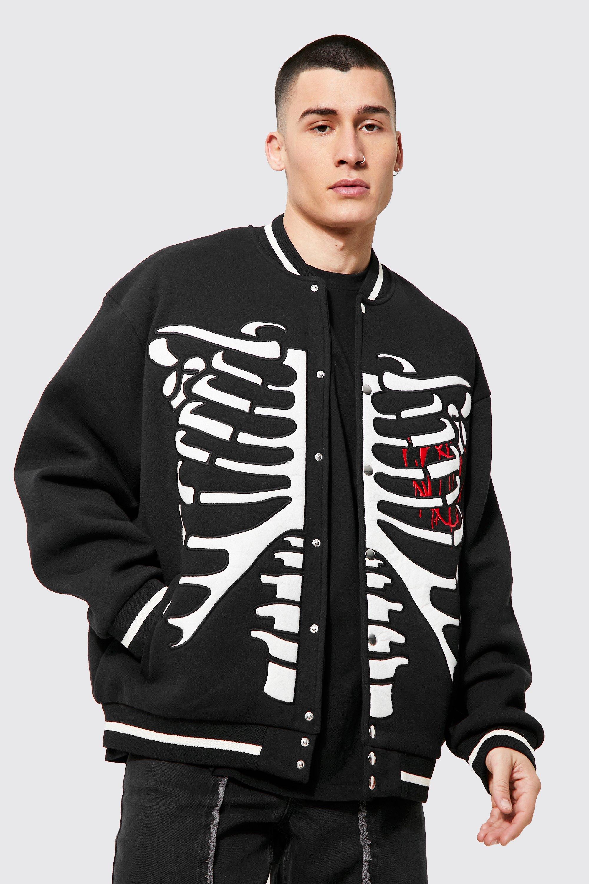 Jersey Varsity Bomber Jacket With Skull Badge | boohooMAN