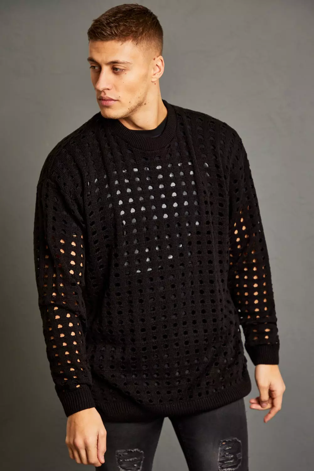 Oversized Open Stitch Knitted Sweater boohooMAN USA