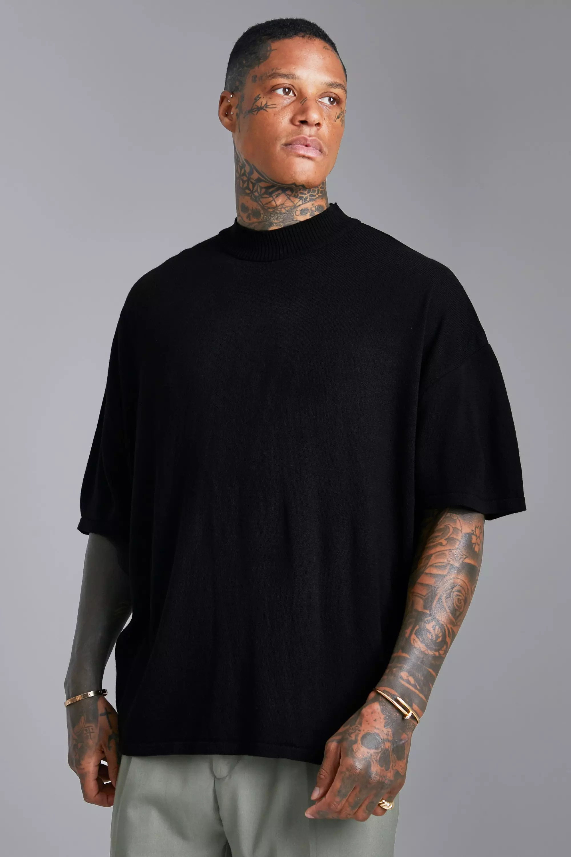 Extended Neck Oversized Knitted T shirt boohooMAN USA