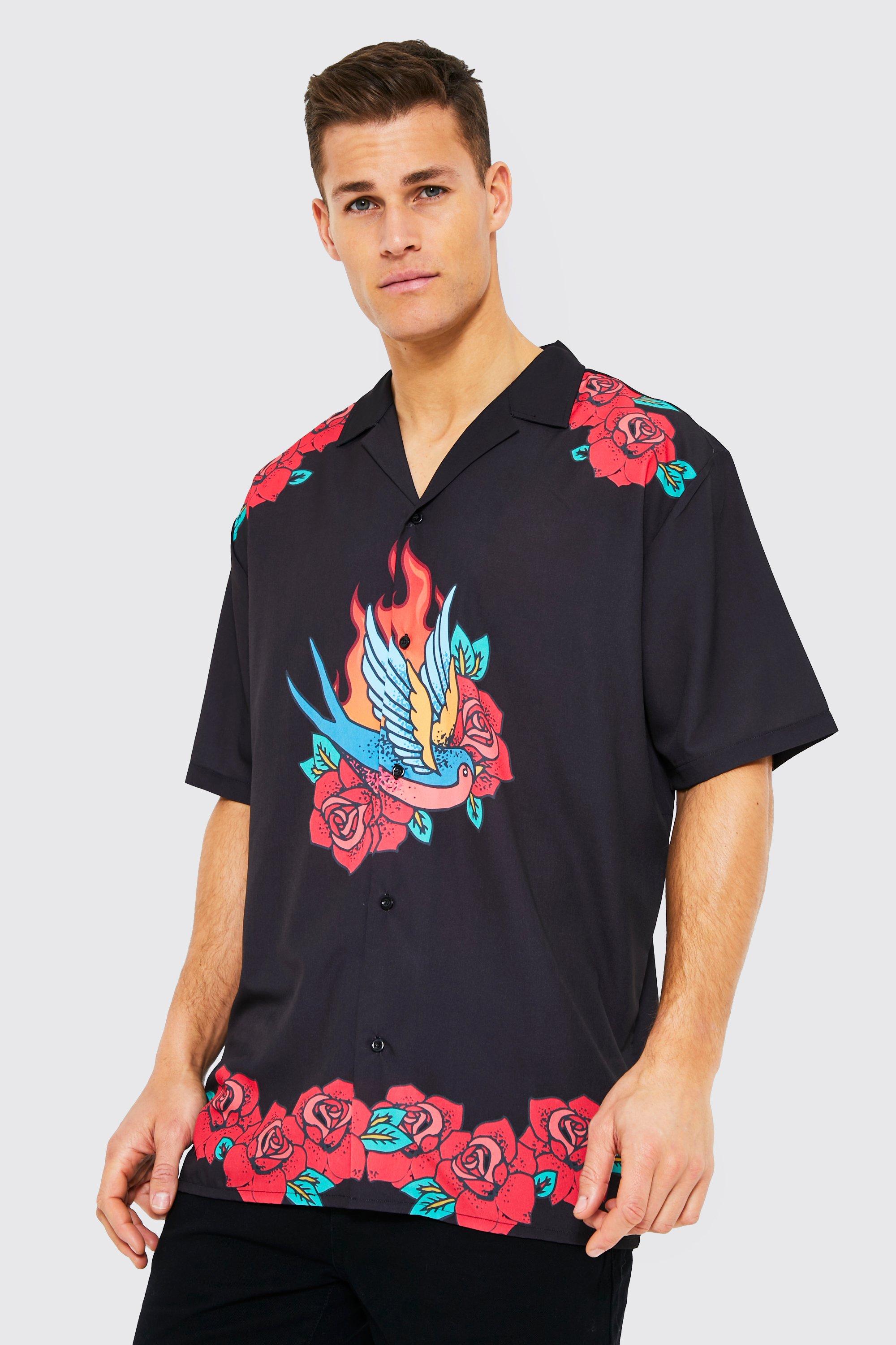 boohooMAN Short Sleeve Floral Muscle Bird Shirt - Men's Printed Shirts