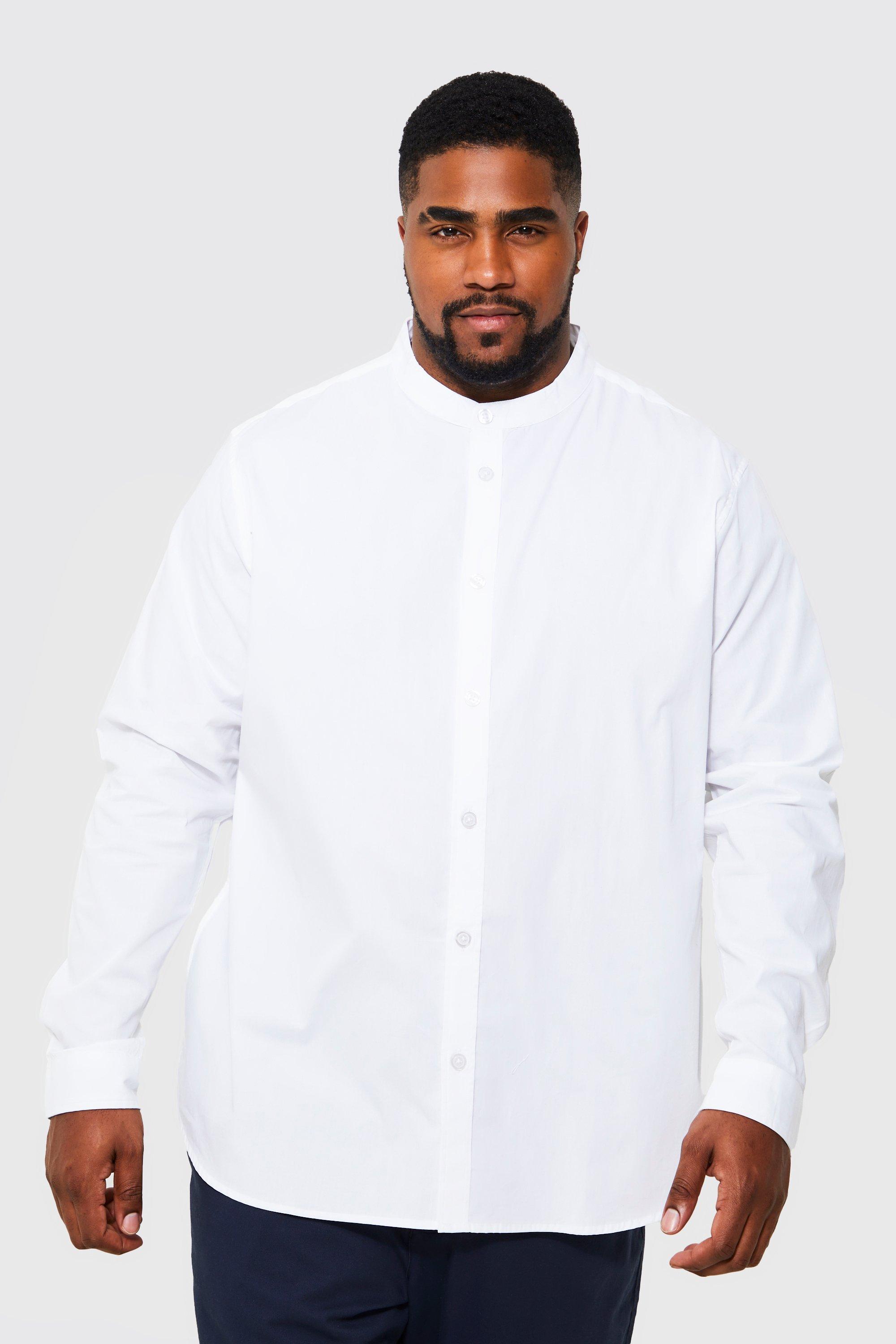 Plus Long Sleeve Grandad Collar Poplin Shirt | boohooMAN USA