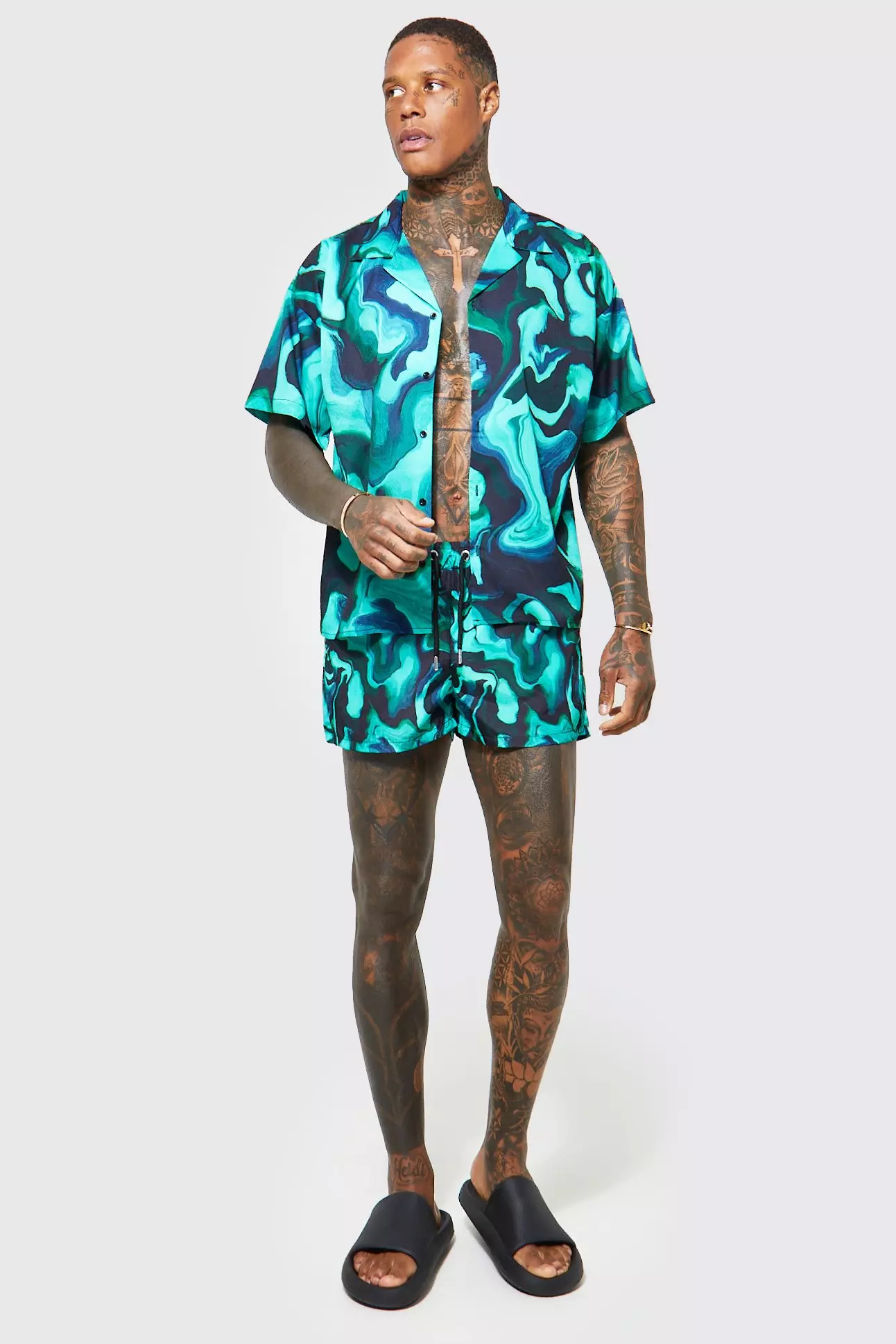 Green Boxy Marble Shirt And Swim Trunks Set