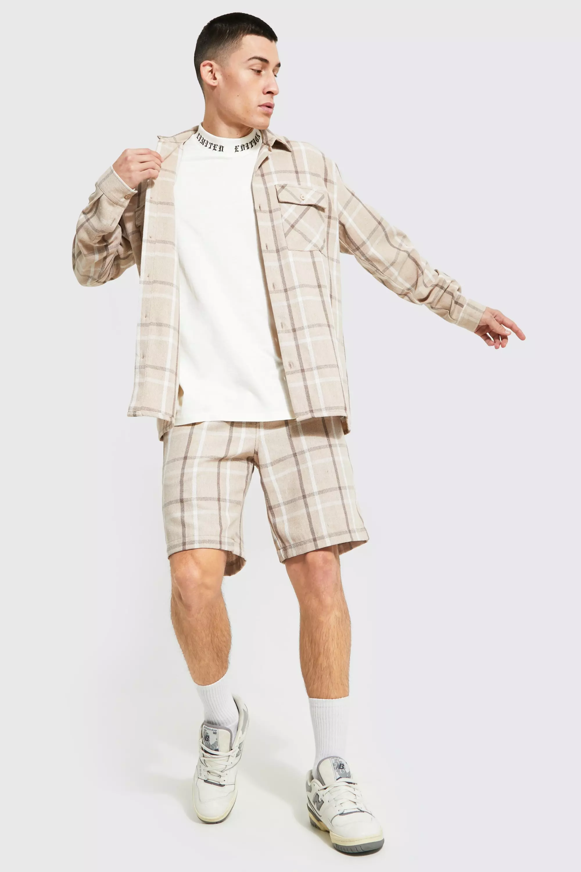Check Flannel Shacket And Short Set Beige