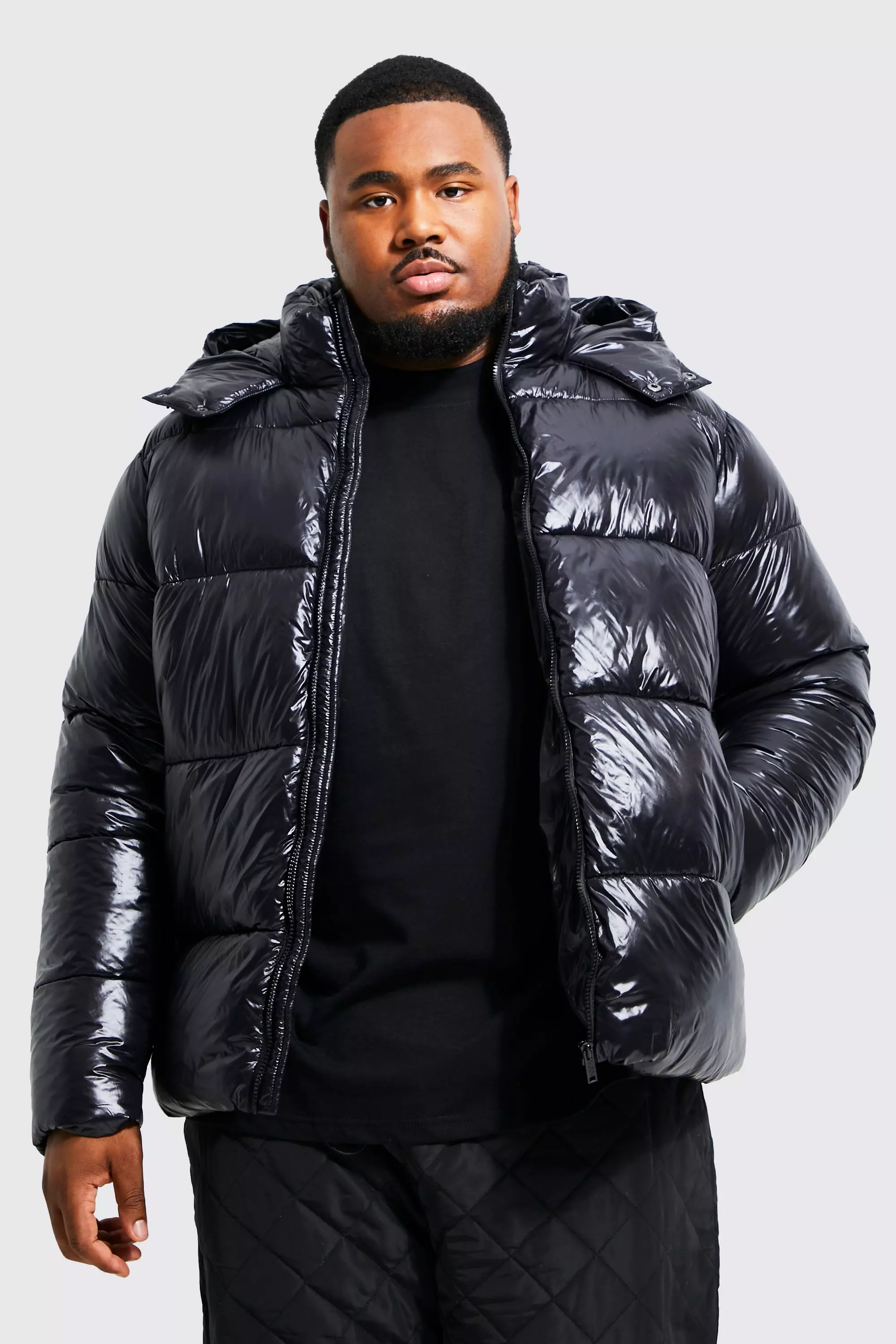 Black Plus High Shine Puffer Jacket in Black