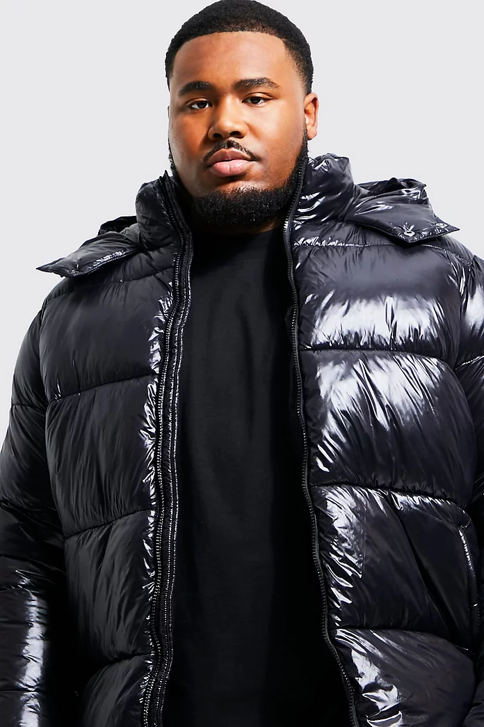 Plus High Shine Puffer Jacket in Black | boohooMAN USA Plus High Shine Puffer Jacket in Black | boohooMAN USA
