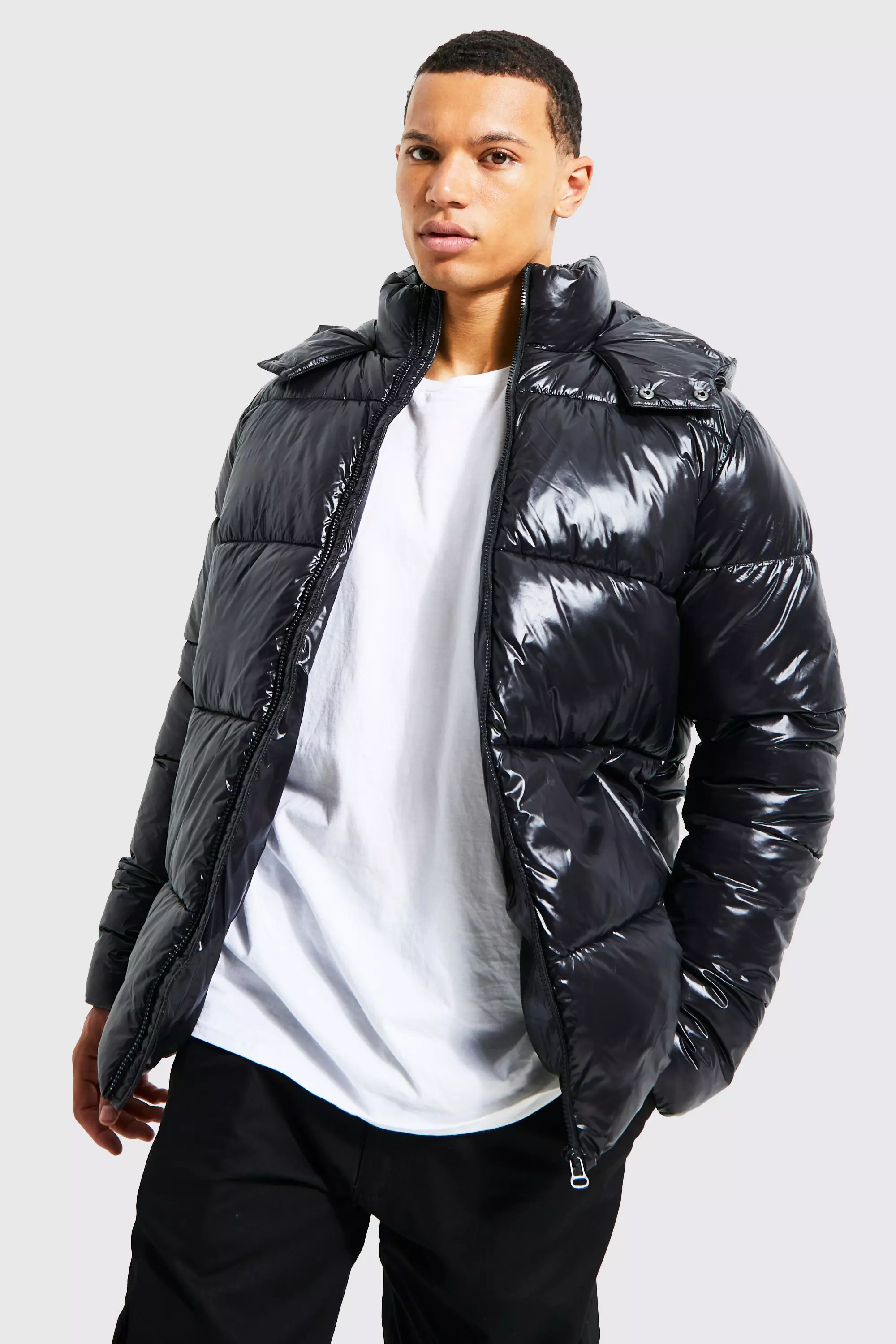 Tall High Shine Puffer Jacket in Black Black