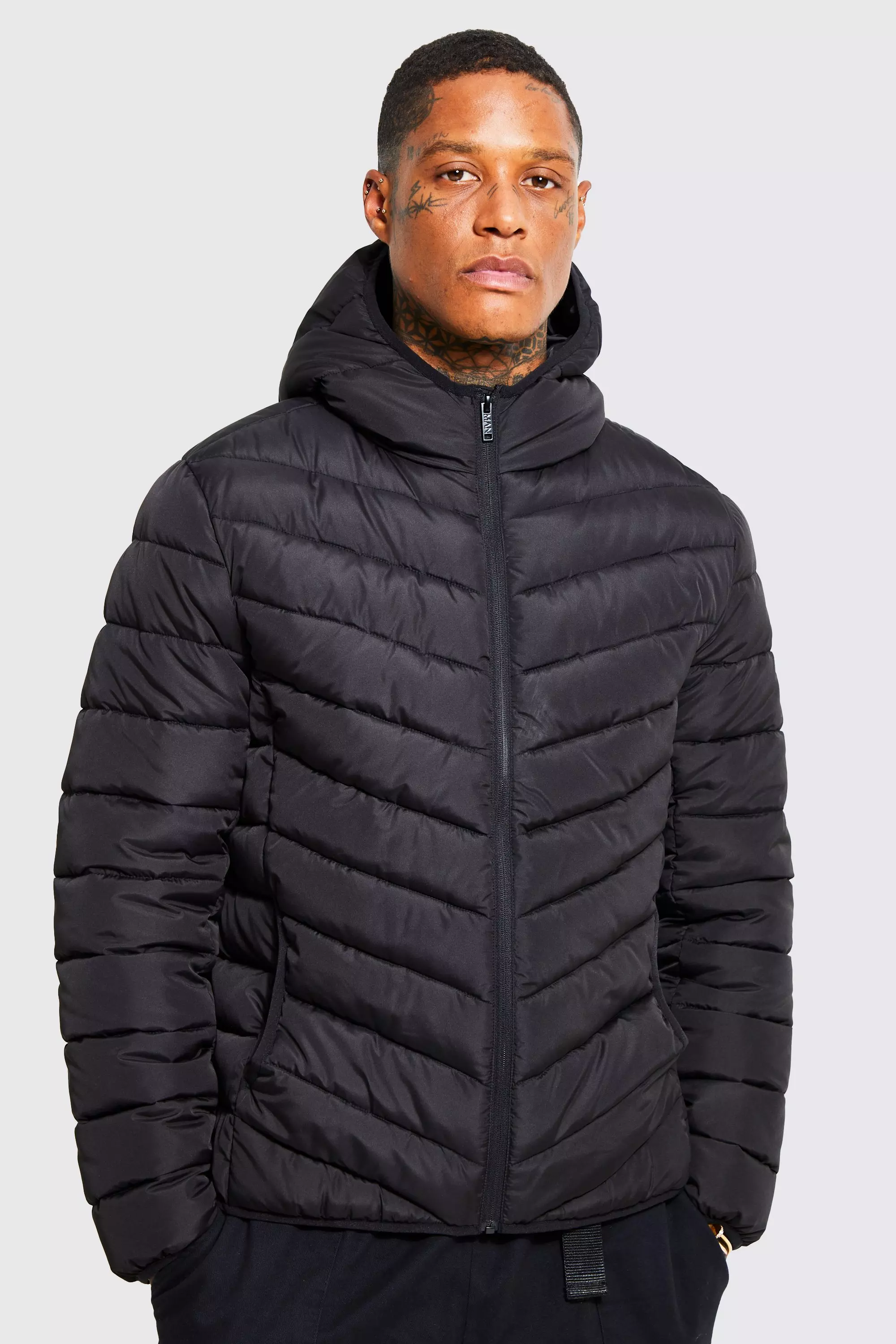 boohooMAN Mens Boxy Oversized PU Patch Peached Nylon Puffer - Black