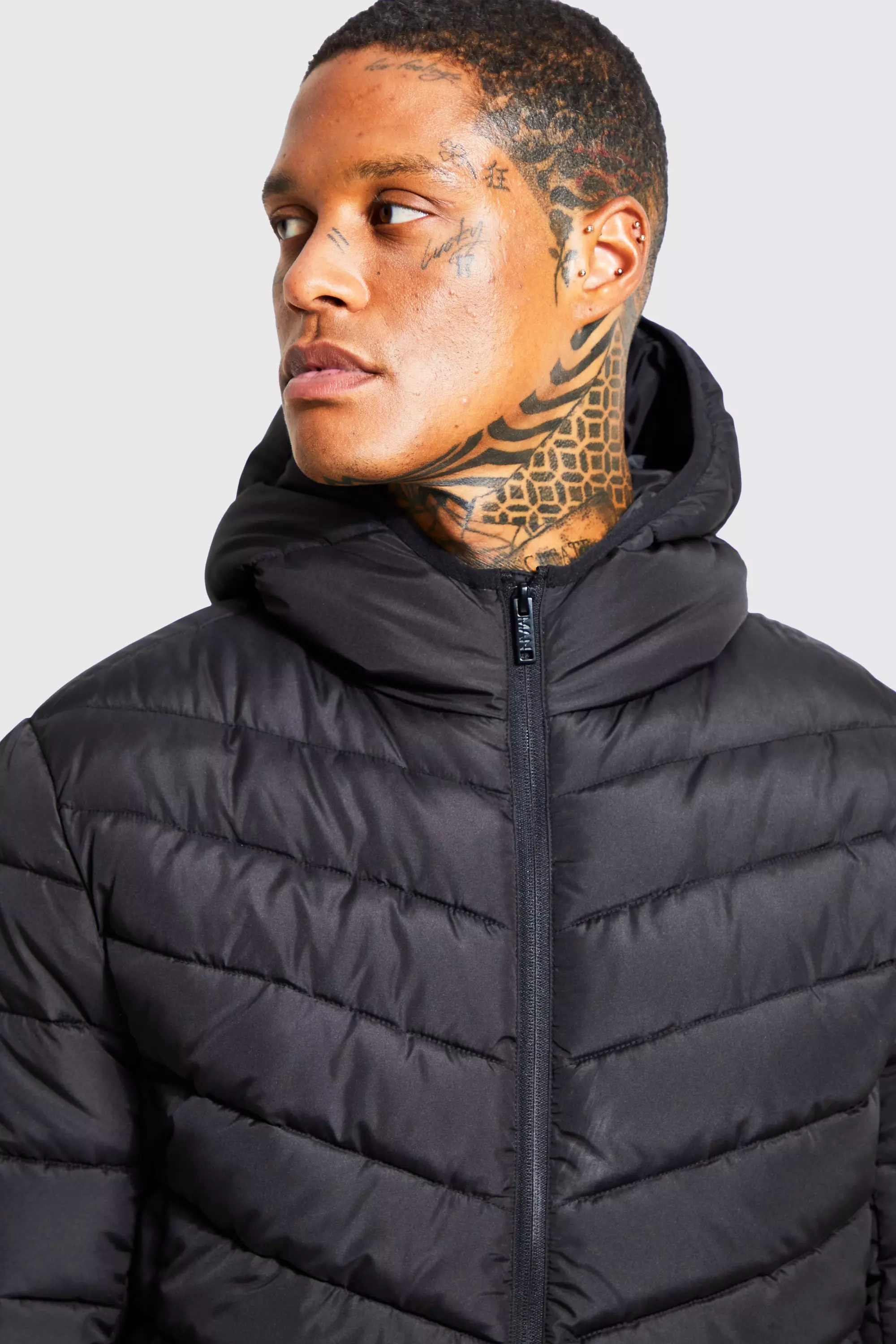 BoohooMAN Quilted Zip Through Jacket with Hood Black Size S