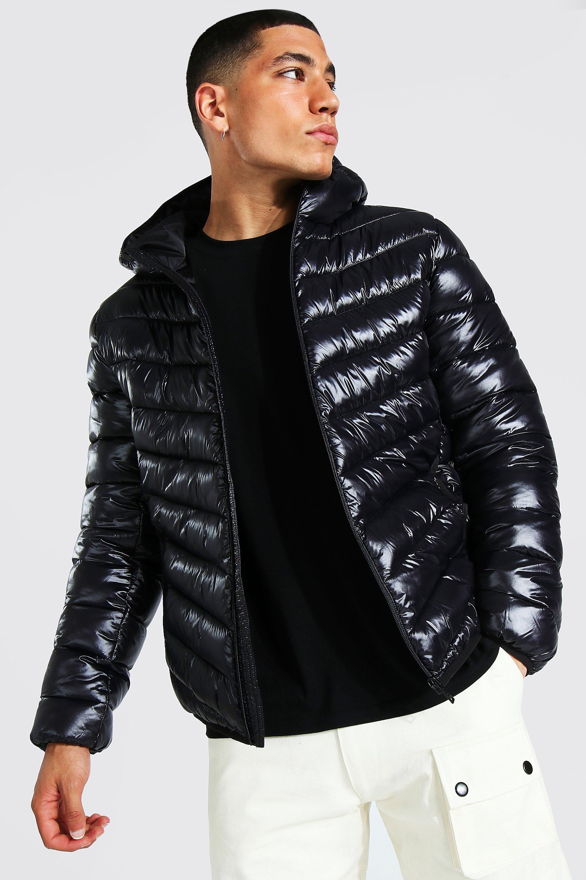 boohoo Mens Quilted Zip Through Jacket with Hood - Black L