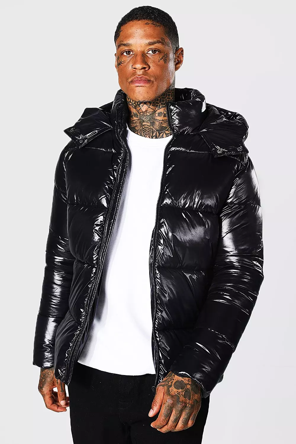 Black High Shine Puffer Jacket in Black